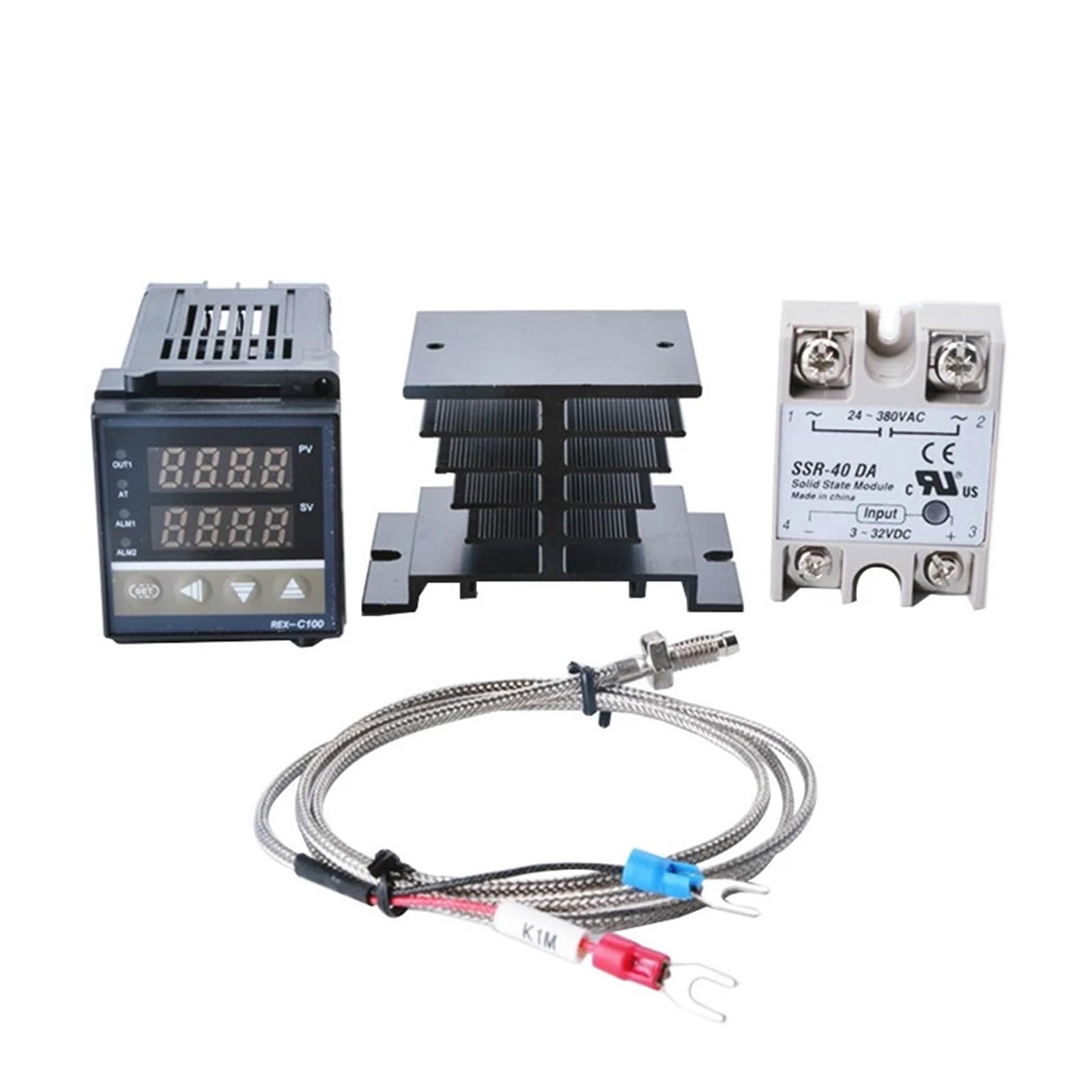 Regulator temperatury 1 SETS REX C100 termostat + przekaźnik SSR 40DA + termoelement 1 m sonda RKC Digital PID kontroler temperatury REX-C100 (SSR ze zlewozmywakiem grzewczym)