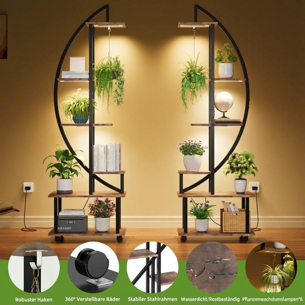 GarveeHome 6-Etagen Pflanzenregal Mit Wachstumslicht – Halbmond-Förmiges Blumenregal Mit Abnehmbaren Rädern & Schubladen, 187cm Hoch Metall Holz für Innen Fensterbank Wohnzimmer(2 Stück, Braun)
