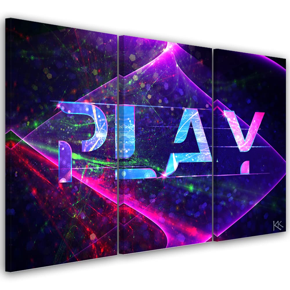 Feeby 3 parti Quadro Canvas 90x60 cm PLAY Gioco Gaming Immagine da parete Foto d'Arte Decorazione Murale Corridoio Neon Laser Per il giocatore viola