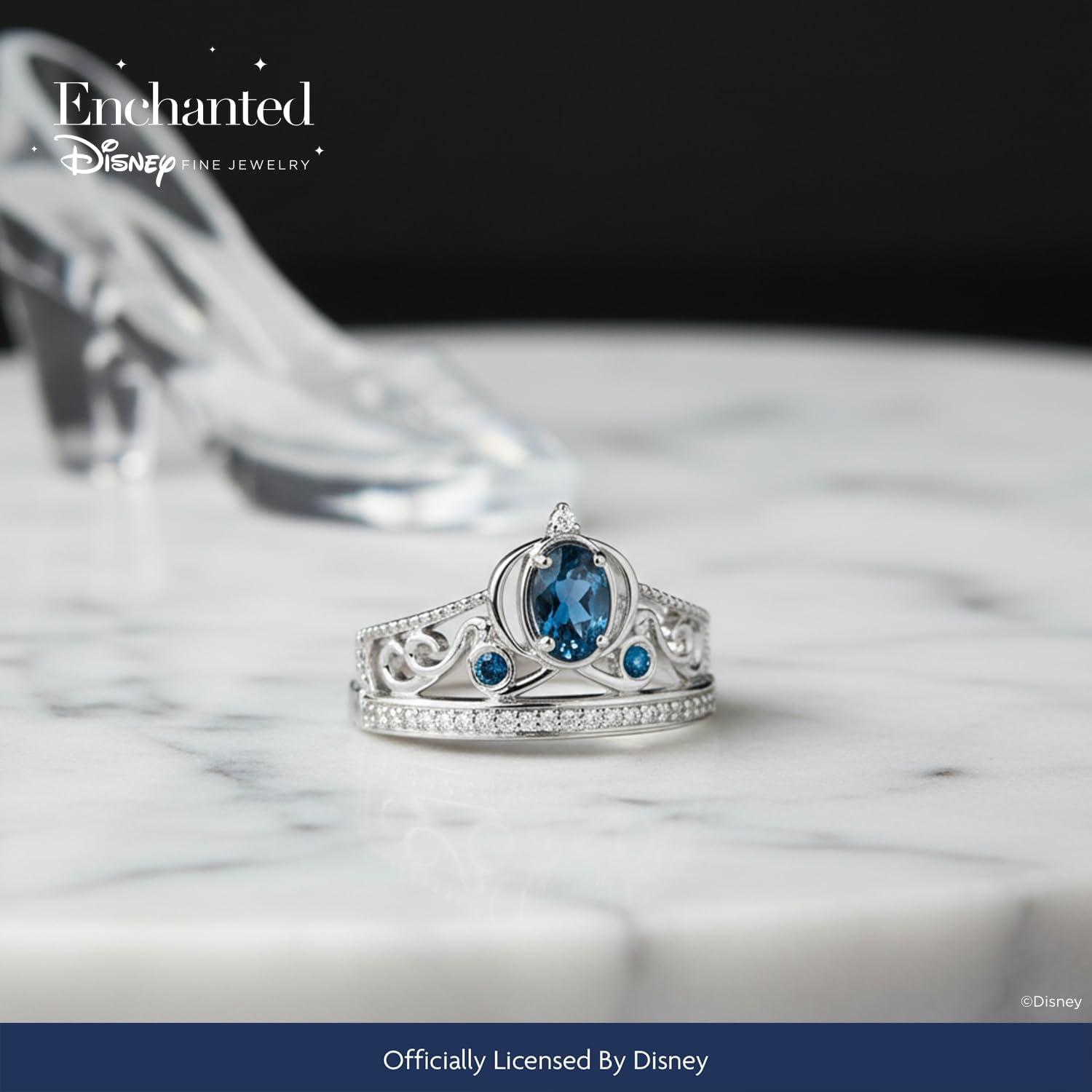 Jewelili Enchanted Disney Fine Jewelry Sterling Silver 6x4 MM London Blue Topaz with 1/10 Cttw Diamonds Cinderella Carriage Tiara Ring