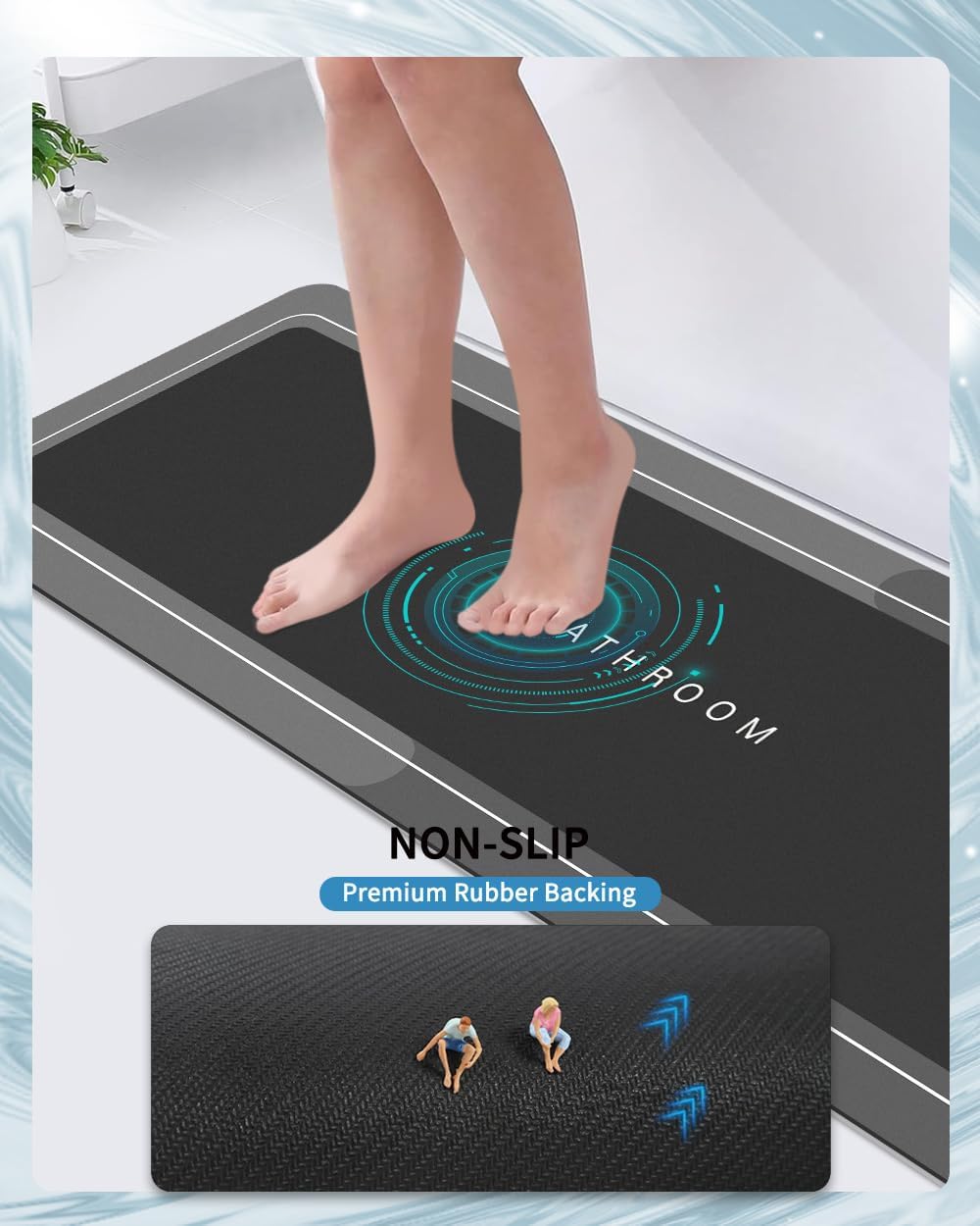 Bath Mat Rug, Rubber Non-Slip Quick Dry Bathroom Rugs, Super Absorbent Bath Mat, Thin Floor Shower Mat Fit Under Door, Bath Rug for Bathtub, Shower and Sink (17"x59",Dark Grey)