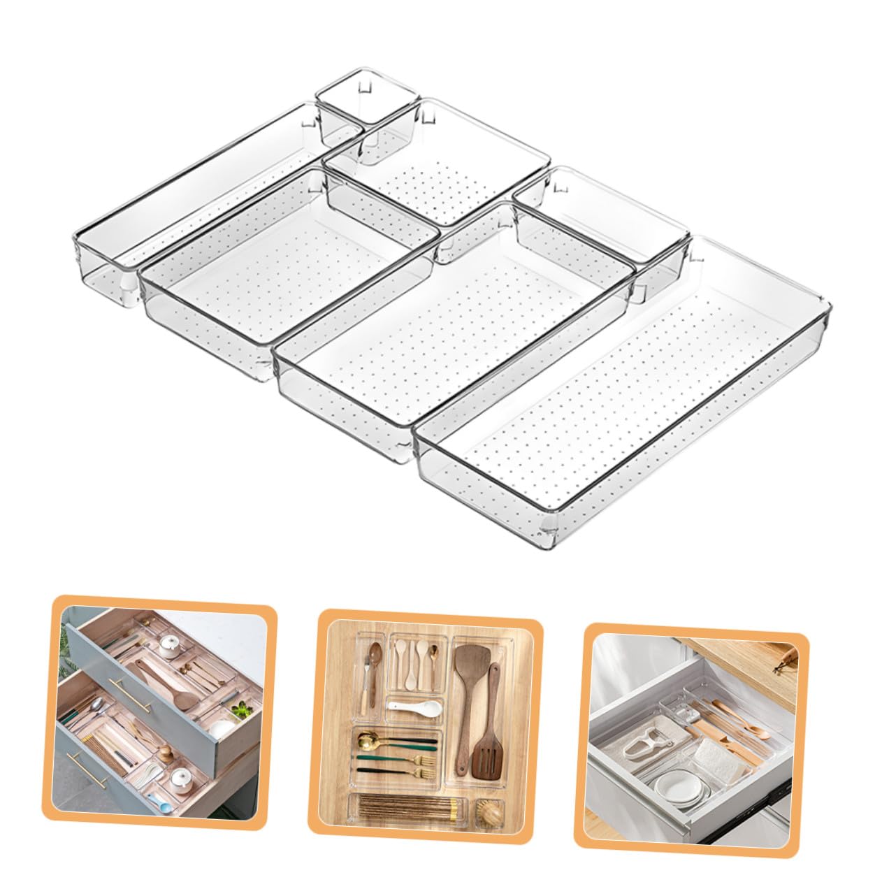Veemoon Data [ Set Da 7 Contenitori Trasparenti Per Cassetti, Organizer Per Cassetti Da Trucco e Scrivania, Divisori a Griglia in Plastica Resistente Per Bagno, Cucina e Ufficio