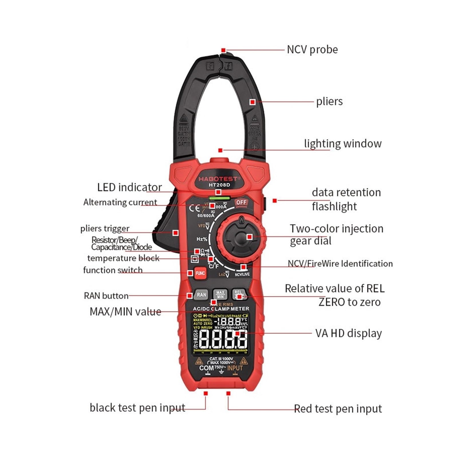 HT208 206 1000A 1000V Pinza amperometrica digitale True RMS AC DC | Misura corrente AC DC e valori elettrici senza scollegare i circuiti per manutenzione e diagnosi(HT206A 600A Basic)