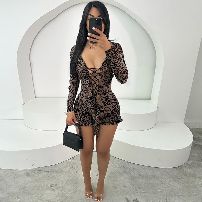 Molilove Womens Cheetah Print Romper Mesh Sexy Long Sleeve Bodycon Shorts Leopard Romper Hollow Out Y2K One Piece Outfits - Image 6
