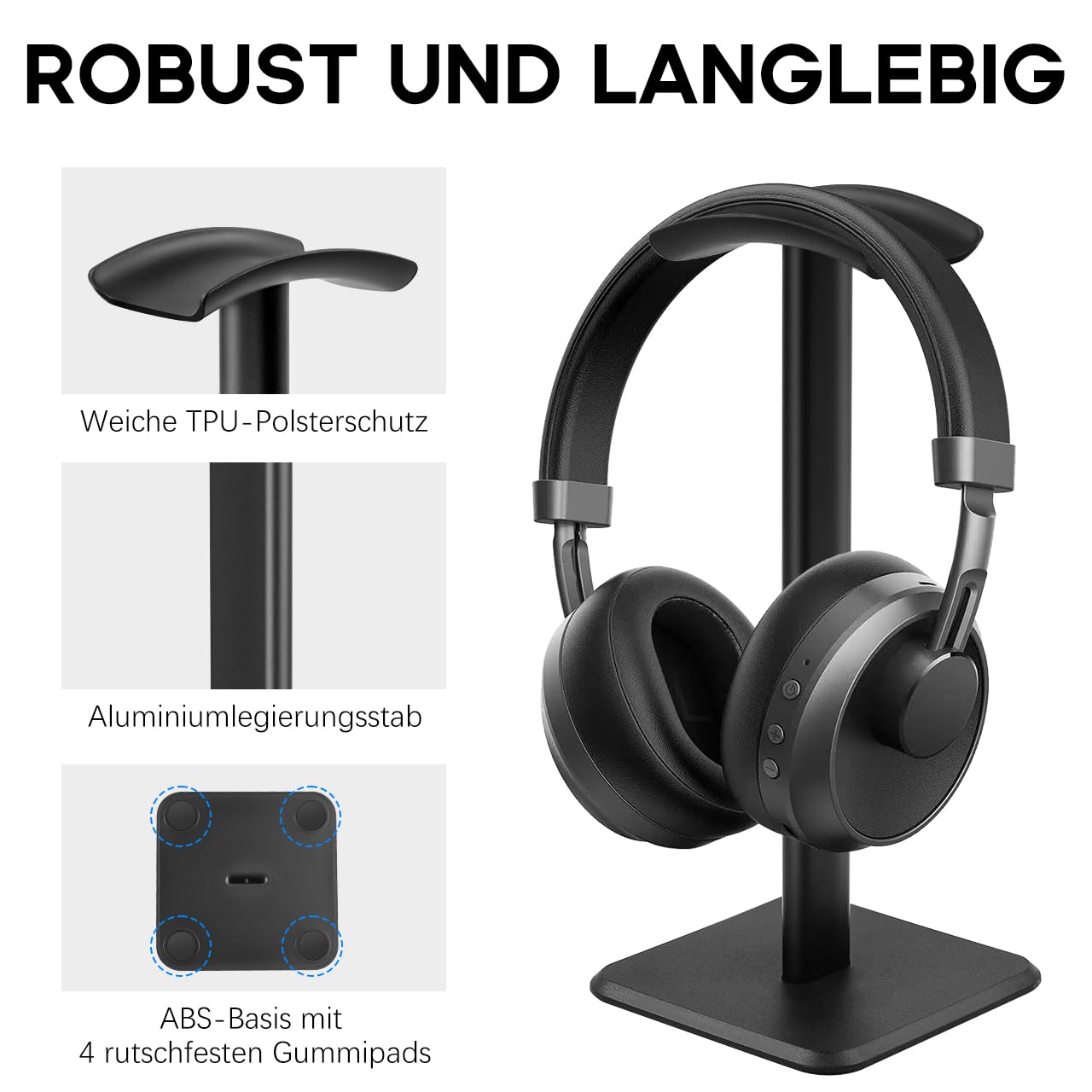 JIKIOU Kopfhörerständer Gaming Headset Halter Universal Aluminium Metall Kopfhörerhalter Aufhänger mit Aluminium Stützstange Flexibler Kopfstütze ABS Solide Basis für alle Kopfhörer 2er Pack (Schwarz)