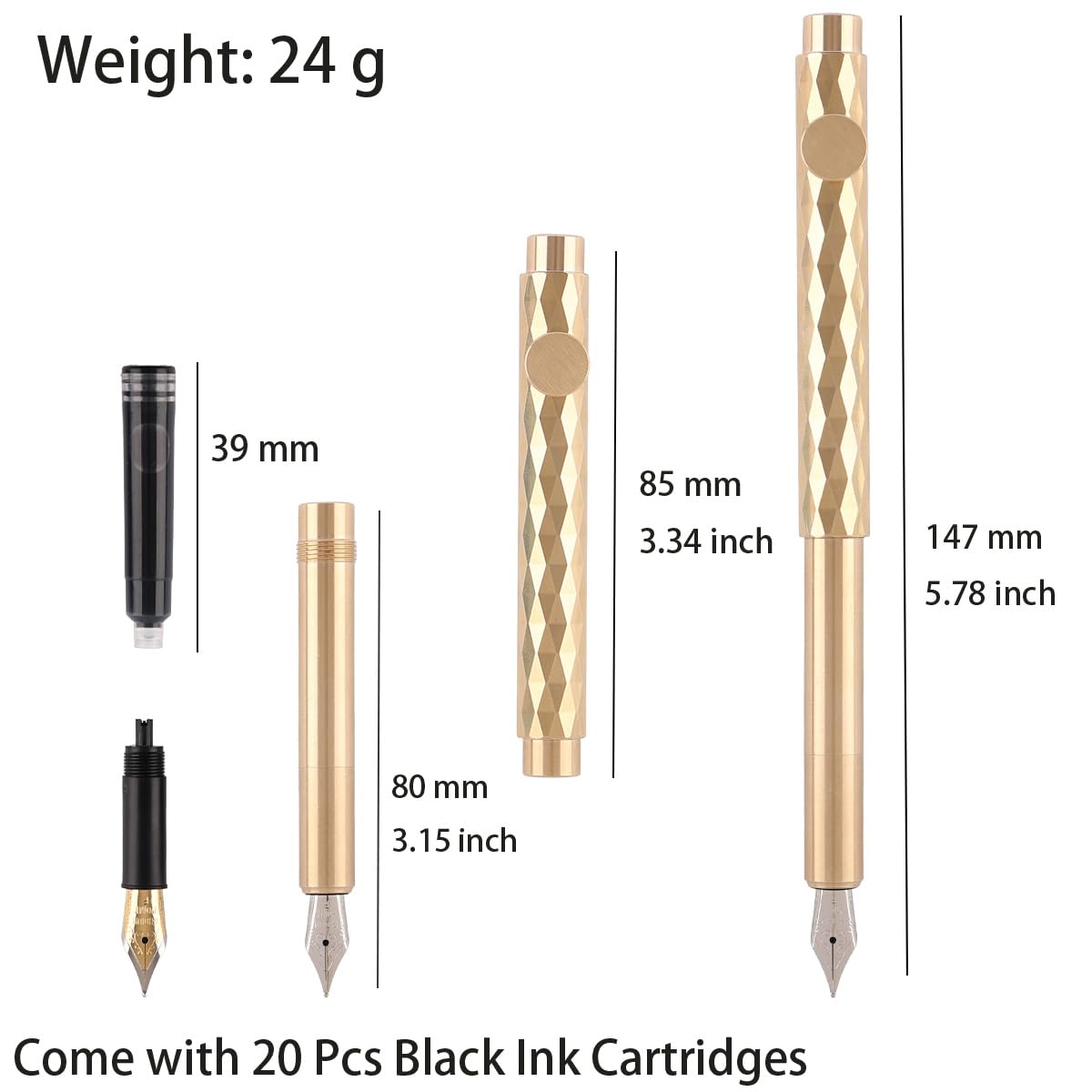 SIPLIV Brass Fountain Pen (85mm) Short Paragraph Pocket Mini Travel Pen Iridium Fine Nib Fountain Pen with 20 Pcs Black Ink Cartridges, Vertical Line - Image 3