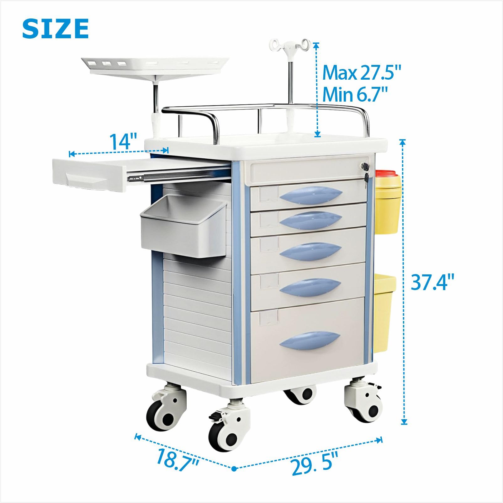 Carrello di emergenza con accessori IV Pole, scheda cardiaca, supporto O2, carrello mobile, bidone della spazzatura, cassetto per clinica, centro infermieristico, 76,2 cm L x 48,3 cm L x 96,5 cm H