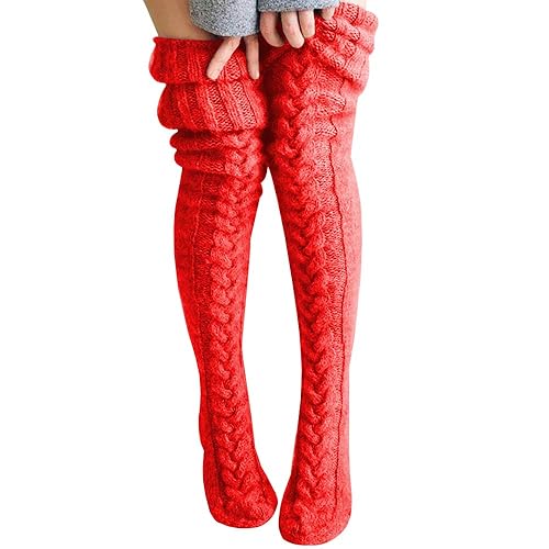 Women's Cable Knit Thigh High Socks Extra Long Winter Stockings Leg Warmers - Red2
