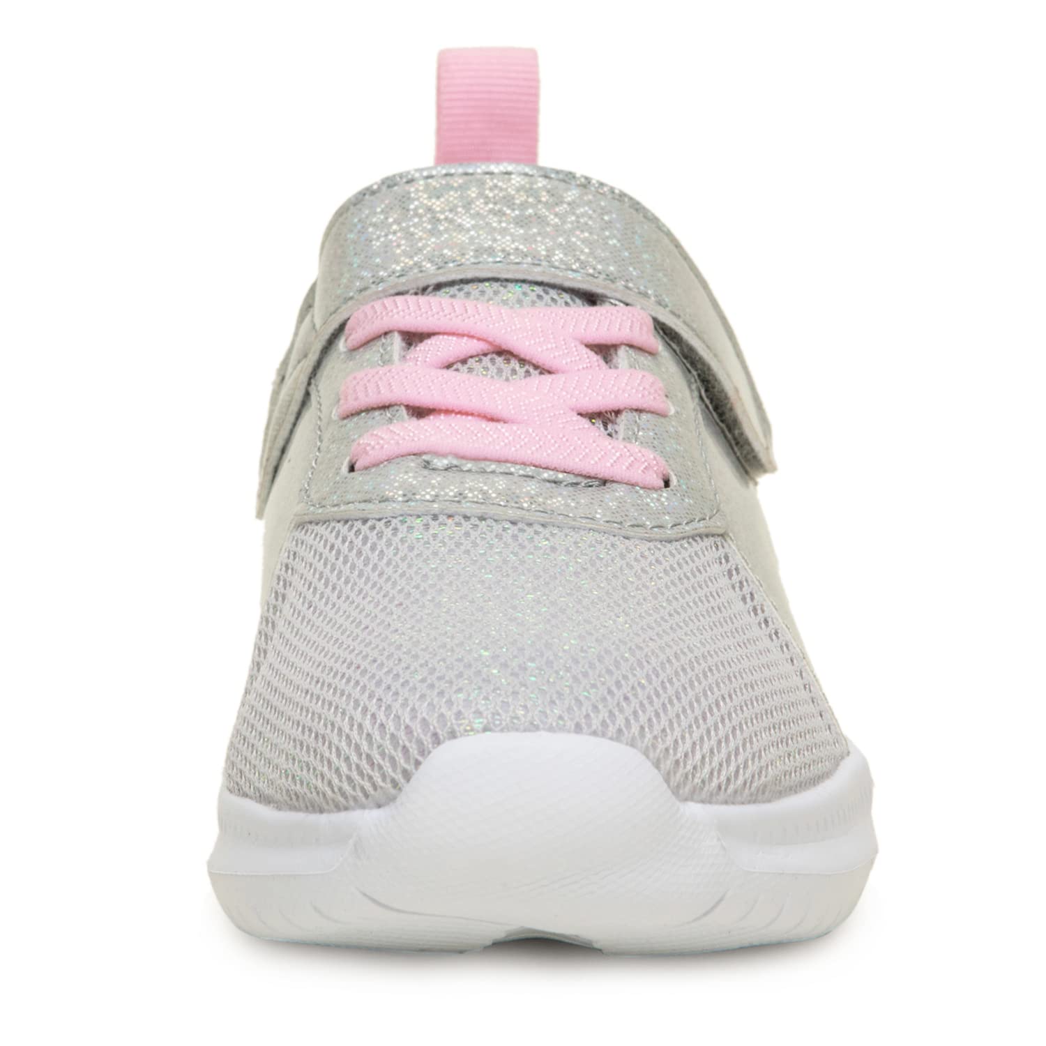 Toandon Girls Kids Sneakers Glitter Shoes Toddler Breathable Lightweight Elastic Band Athletic Running Walking Sparkle Glimmer Fashion Outdoor Child Strap Closure Sliver Pink Size 1