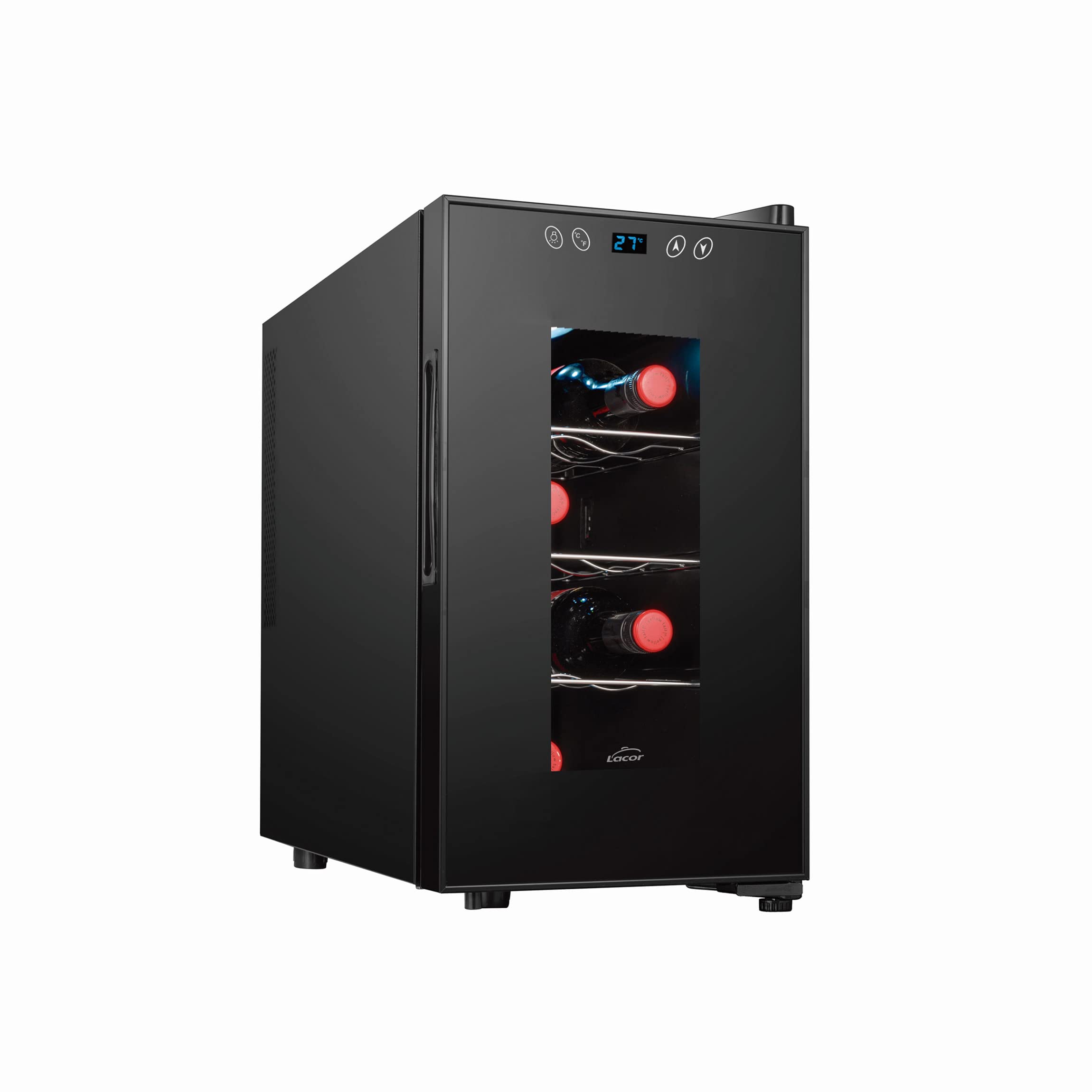 Lacor - 69670 - Vinoteca 8 Botellas, Nevera Vinos, Refrigerador Termoeléctrico, Temperatura Regulable, Estantes Extraíbles, Silencioso, Sistema Antivibratorio, Acero Inoxidable, 26x49,5x48 cm
