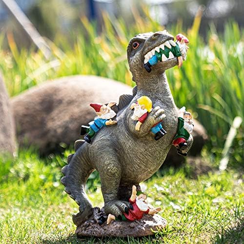 SOWSUN Garden Gnome Statues Outdoor Decor, 14” Dinosaur Gnomes Garden Art Outdoor for Fall Winter Garden Decor, Outdoor Statue for Patio, Lawn, Yard Decoration, Housewarming Garden Gift