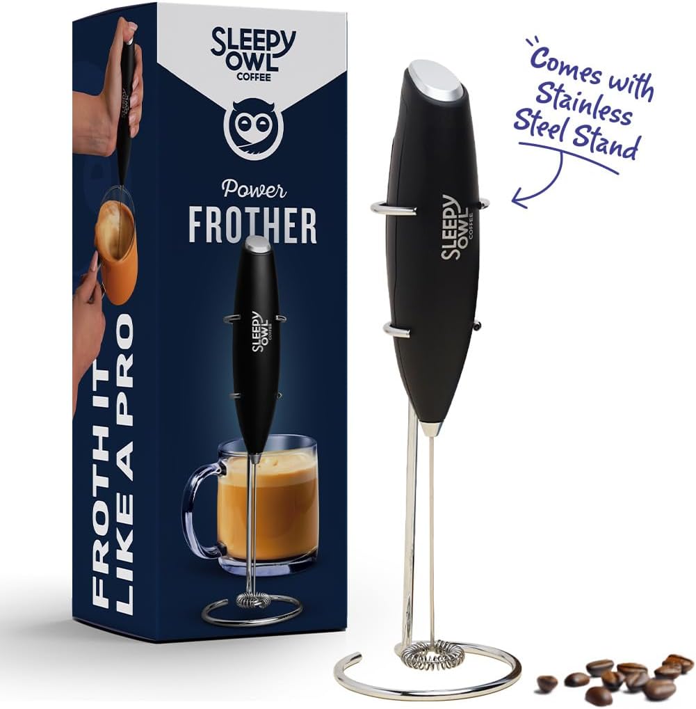 Sleepy Owl Powerful Milk Frother for Coffee | Black Color | Battery Operated Electric Frother | Stainless Steel Whisk with Frother Stand | Best for Coffee, Lattes, Milk, Hot Chocolates
