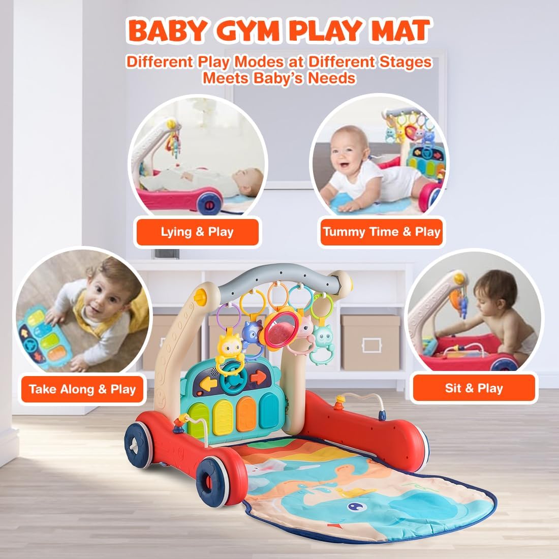 TOYIQ 5-in-1 Baby Piano Gym Mat – Infant Music Fitness Rack & Rattle Toy Set – Early Learning Play & Crawling Mat with Hanging Toys – Educational Activity Center for Babies (Multicolor, Blue) (2-in-1Gym & Push Walker) 2