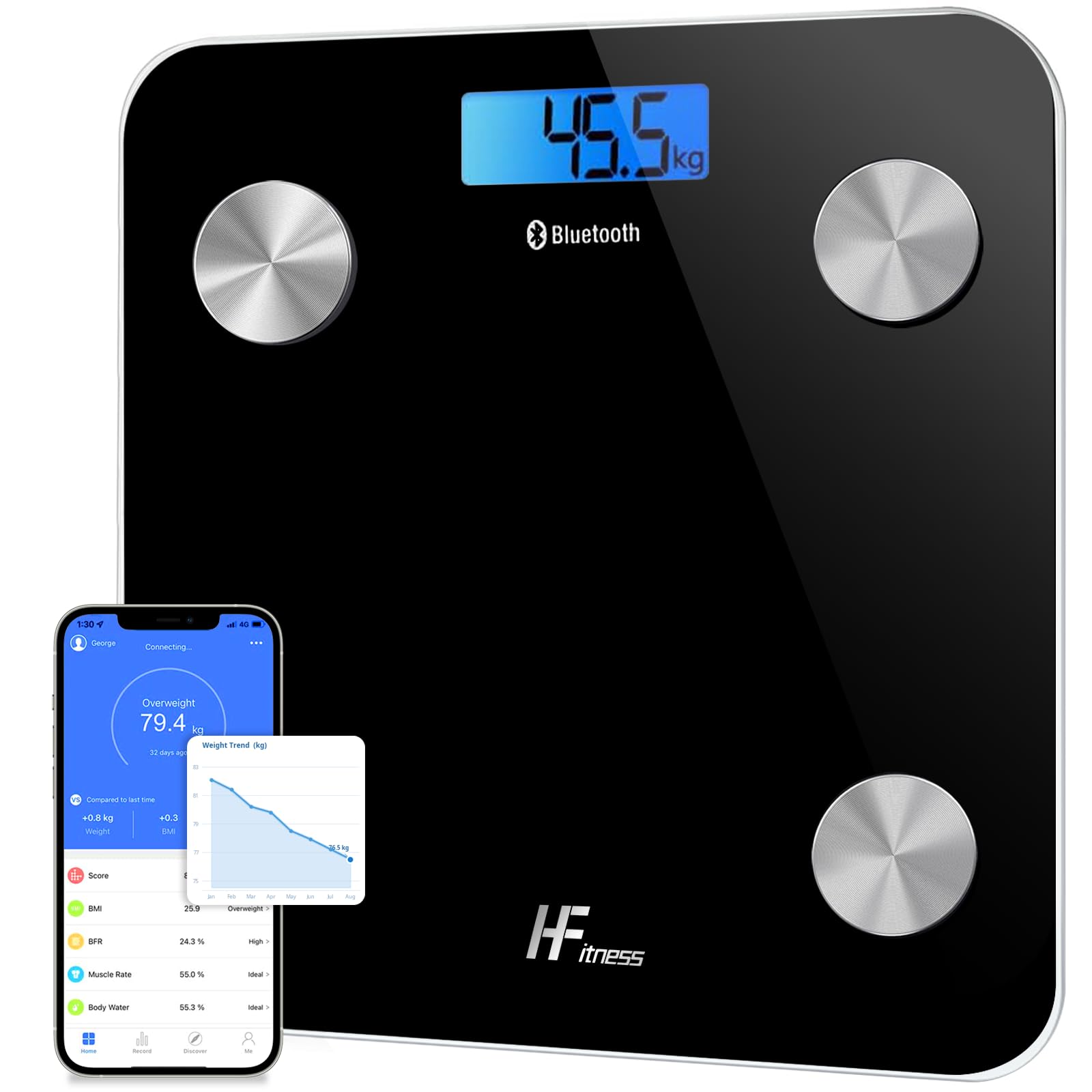 HF Bilancia Pesapersone Professionale Impedenziometrica Bluetooth Digitale con App Misura Peso Corporeo, Massa Grassa, BMI, Massa Muscolare, Massa Ossea, Proteine (Nero con retroilluminazione blu)