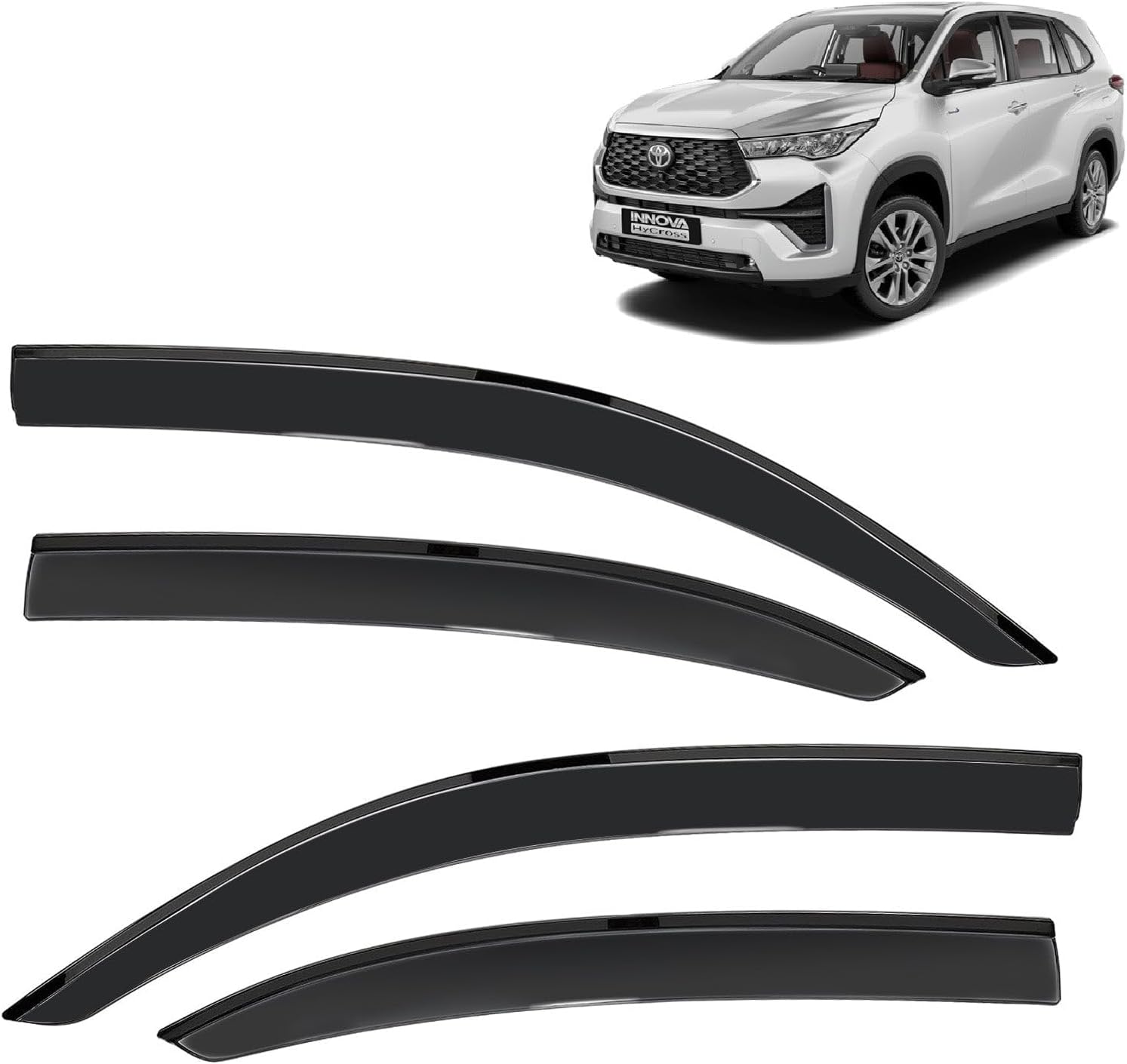 KINGSWAY Accessories Side Window Door Visor Only Compatible with Toyota Innova Hycross Year 2023 Onwards All Model, Premium Range Unbreakable Car Rain Guard Side Rear Wind Deflectors, Set of 4 Pcs