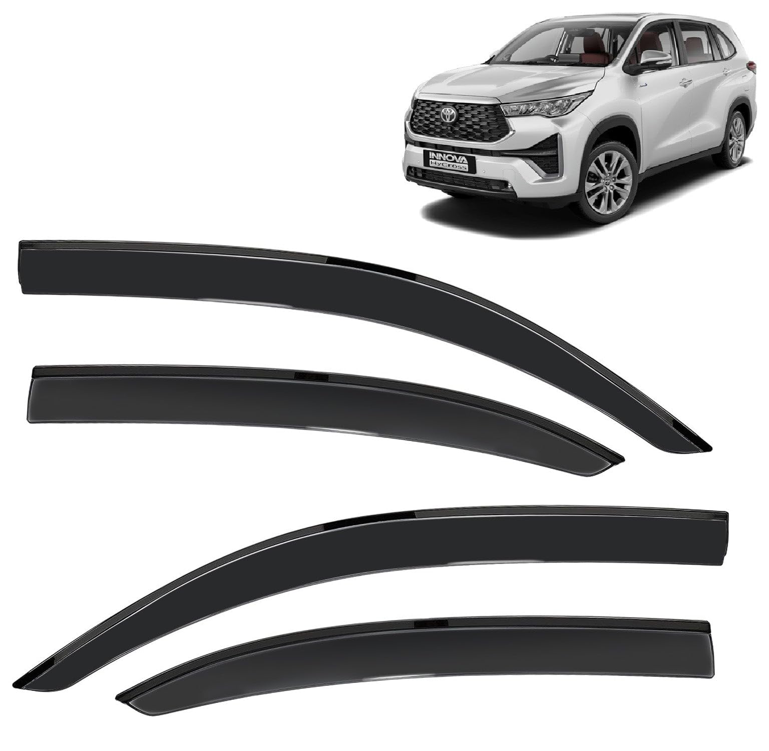 KINGSWAY® Car Wind Deflectors Rain Guard Door Visor Compatible with Toyota Innova Hycross (Year 2023 Onwards) - Polycarbonate, Black, Set of 4 Pcs