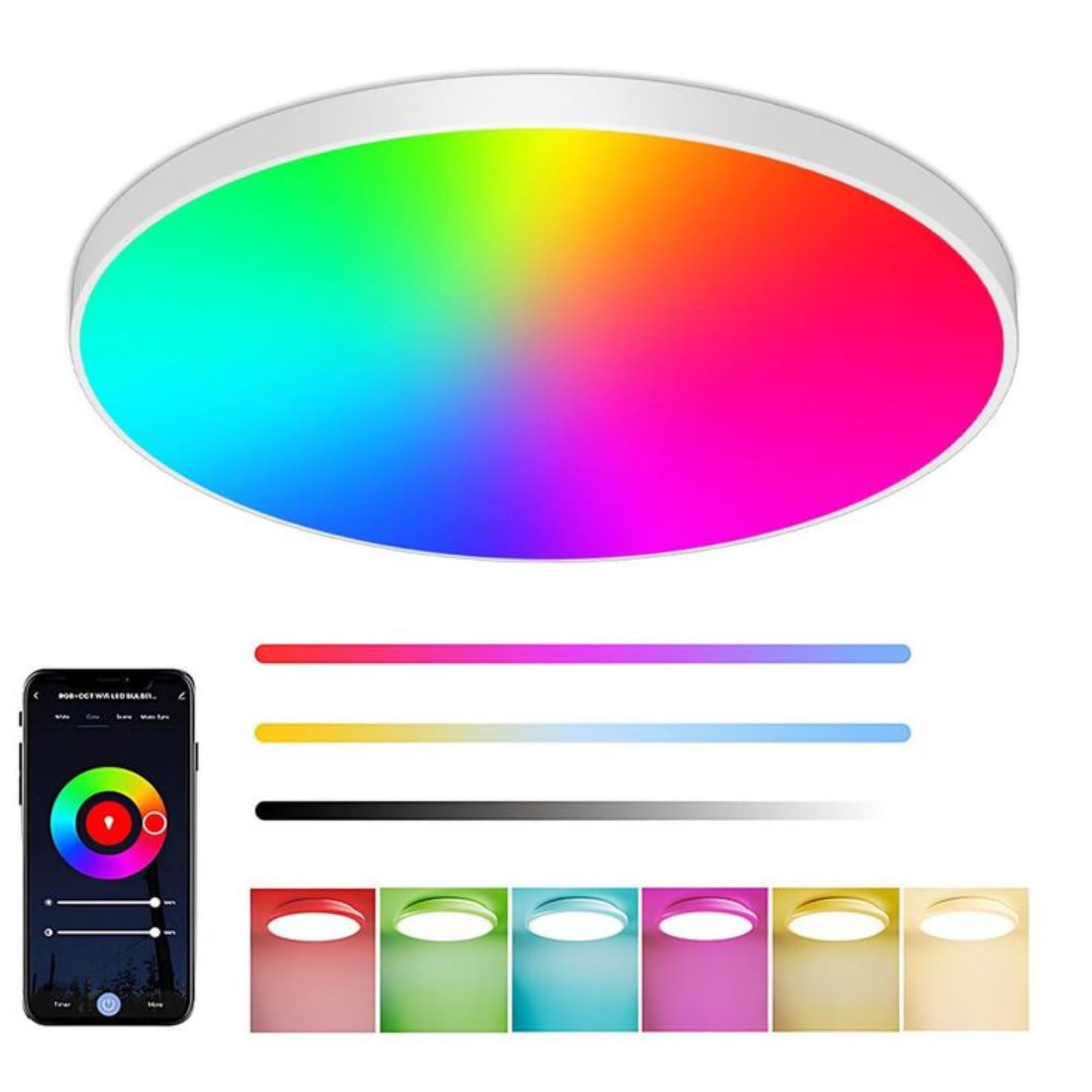 Domira White Smart Led Ceiling Light 30W, Rgb + Adjustable 2700K-6500K, 2000Lm, Alexa & Google Compatible, Ø30cm, With/Without Remote Options (Without Remote)