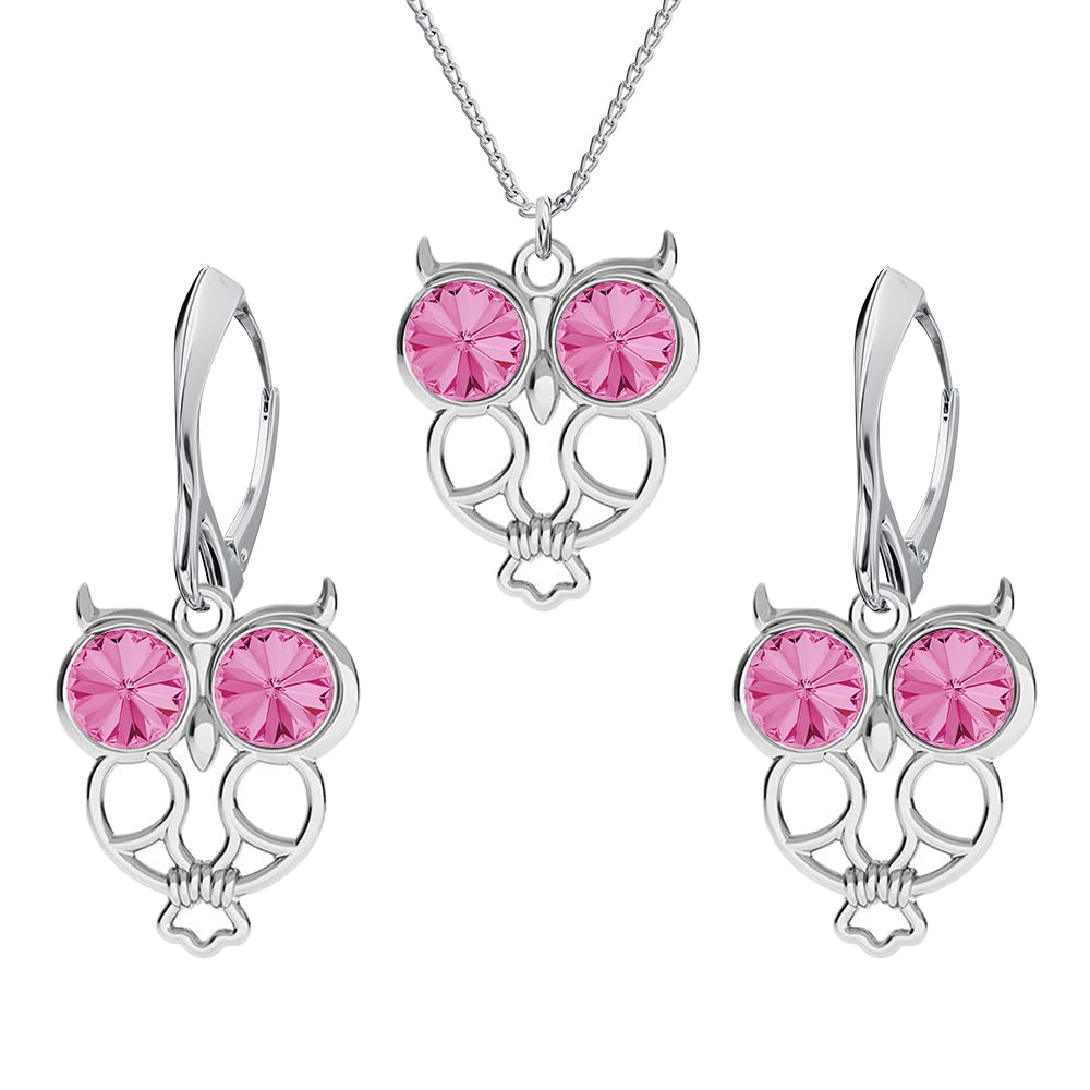 Schmuckset für Damen Ohrringe Silber 925 Hängend Eule Weisheit - Kette Damen mit Anhänger Schmuck Set für Sie mit Kristallen - Ohrringe Hängend und Halskette Mädchen Geschenk Frauen