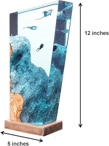 Miniatura 5 de Manta Rays, Diver, Scuba Resin Wood Lamp, Manta Rays Gift, Ocean Theme Diorama, Manta Rays Lamp, Ocean Lamp, Diver Lamp, Stringray Night Light Large