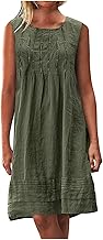 Women's Cotton Linen Midi Dress Plus Size Sleeveless Pleated Summer Dresses Vacation 2025 Crew Neck Casual Dress