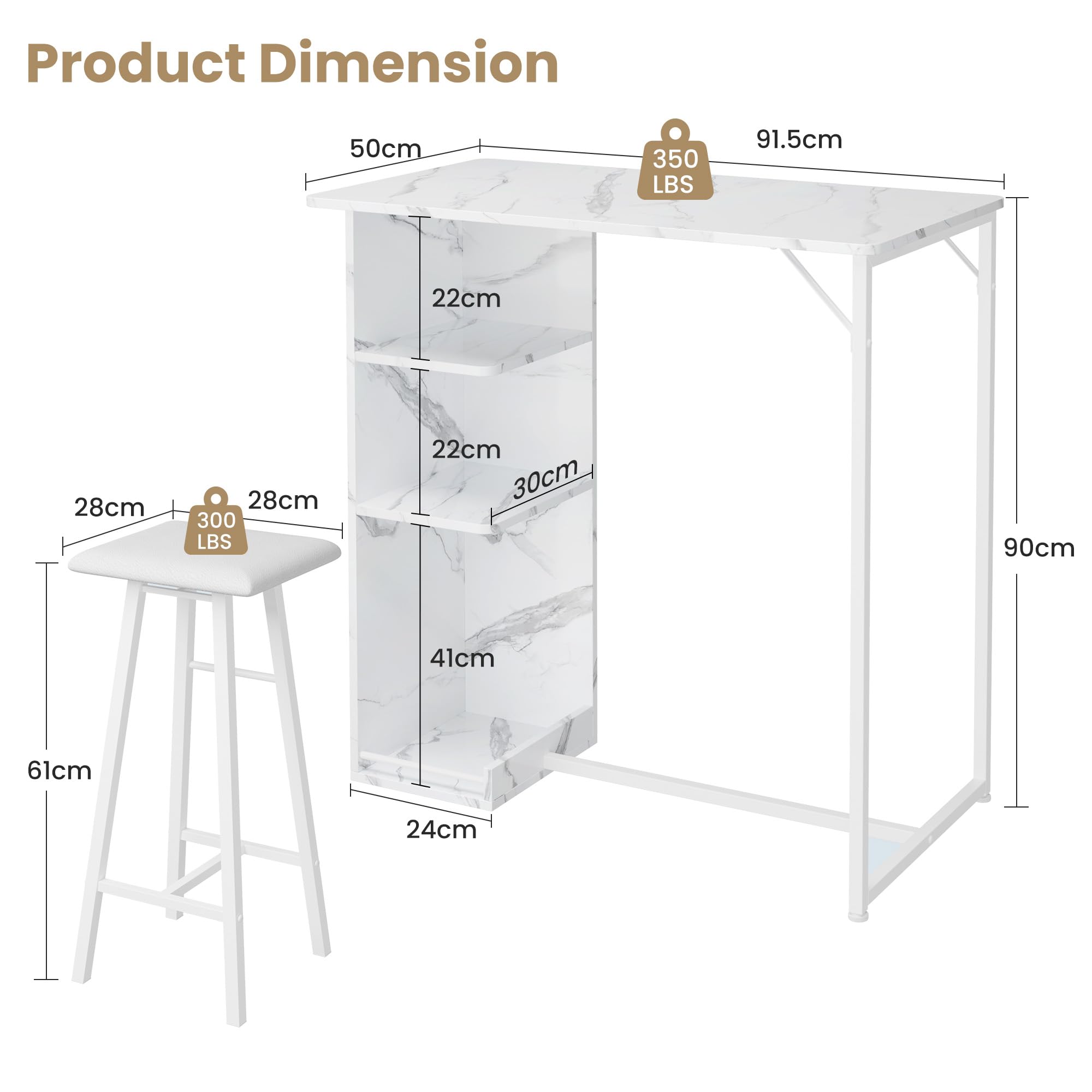 Litake Bartisch Set, Tresentisch mit 2 PU Barhocker, Esstisch Stehtisch mit Weinglashalter & Ablage, Küchentisch im Industrie-Stil, Stehtisch für Bar, Bistro & Wohnzimmer,Marmor Weiß