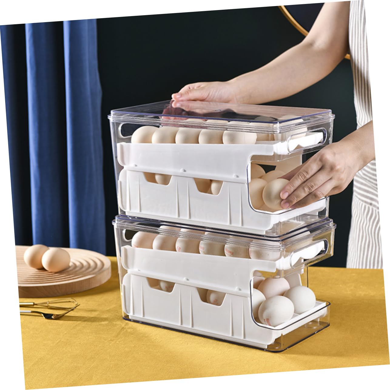 DOITOOL Organizador de Huevos para Almacenamiento Fácil para Nevera Diseño Apilable de Doble Capa, Caja Transparente de Pet y Pp Sistema Deslizante en Cocina