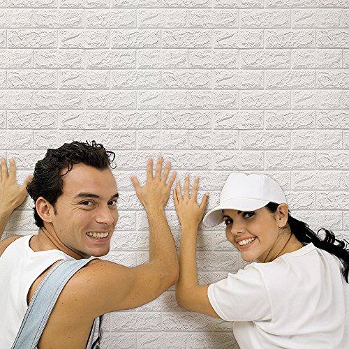 Laylala 10PCS 3D Brick Wall Stickers PE Foam Self-adhesive Wallpaper Peel and Stick 3D Art Wall Panels for Living Room Bedroom Background Wall Decoration(White) (PE, 60×60)