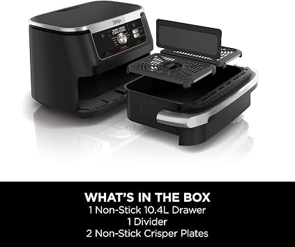 Ninja Foodi FlexDrawer Air Fryer, Dual Zone with Removable Divider, Large 10.4L Drawer, 7-in-1, Air-Fryer Uses No Oil, Air Fry, Roast, Bake, Max Crisp, Non-Stick Dishwasher Safe Parts, Black AF500UK