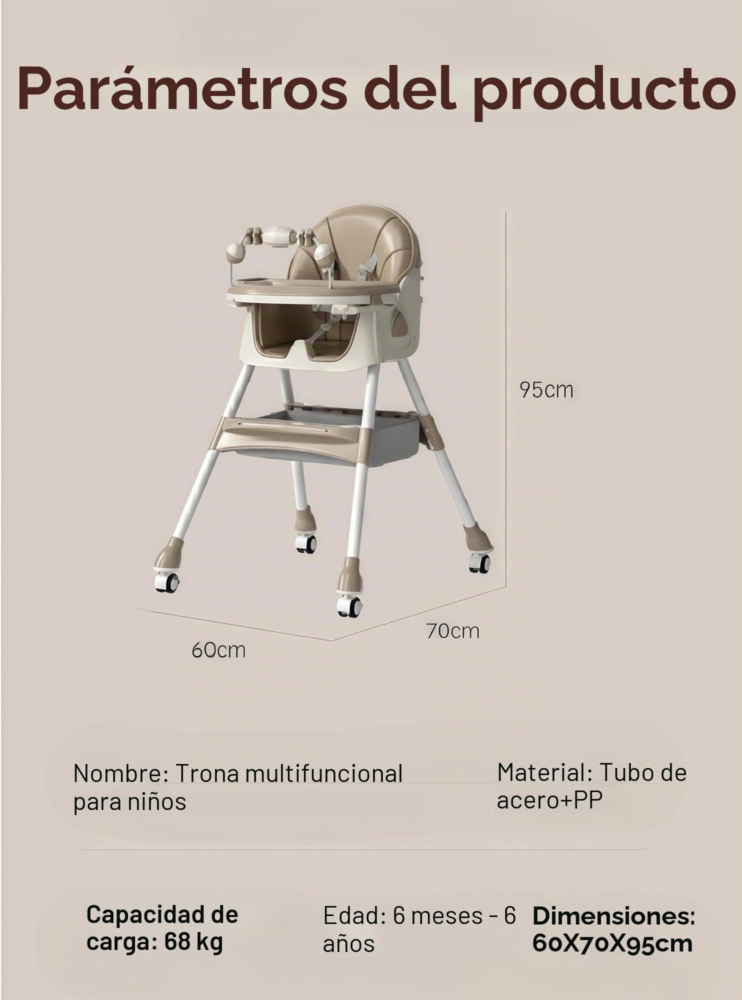 Plegable Cuero PU Tronas de Bebe con Función de Caballo Balancín, Altura Ajustable y 4 Posiciones Reclinables, Silla de Alimentación Convertible con Bandejas y Ruedas Desmontables (Gris)