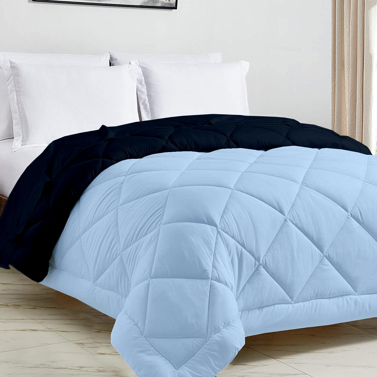 Mahaveer Cotton Warm Comforter Winter 1 Piece Only | AC Comforter Microfiber 102X108 Inch King - 300 GSM | Reversible Navy Blue and Light Blue Color