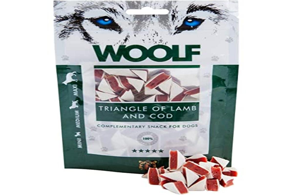 WOOLF Lamb and Cod Triangles - Complimentary Snacks for Dogs. Dog Treats with All-Natural Ingredients, High Meat Content, Free from Artificial Additives. Suitable for Dogs (100g)