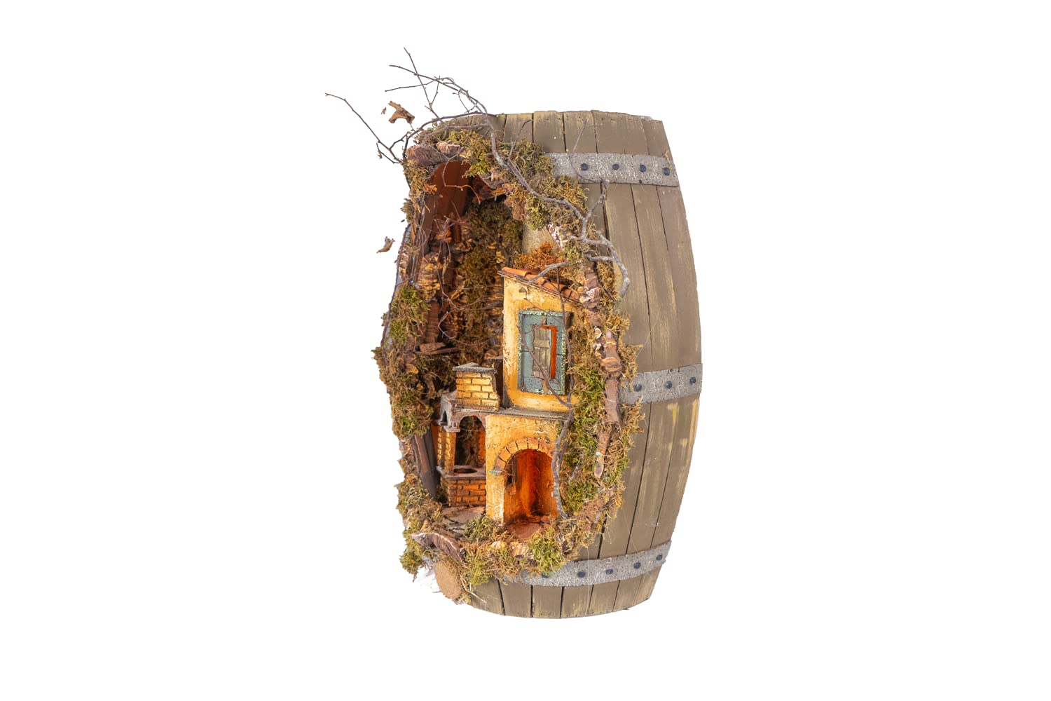 Belén de barril con pozo 48 x 27 x 58 cm (18,89 x 10,62 x 22,83 Inch) con luces y molino de viento, Decoración Navideña | Apto para figuras de 8 cm | Fabricado y pintado a mano, fabricado en Italia