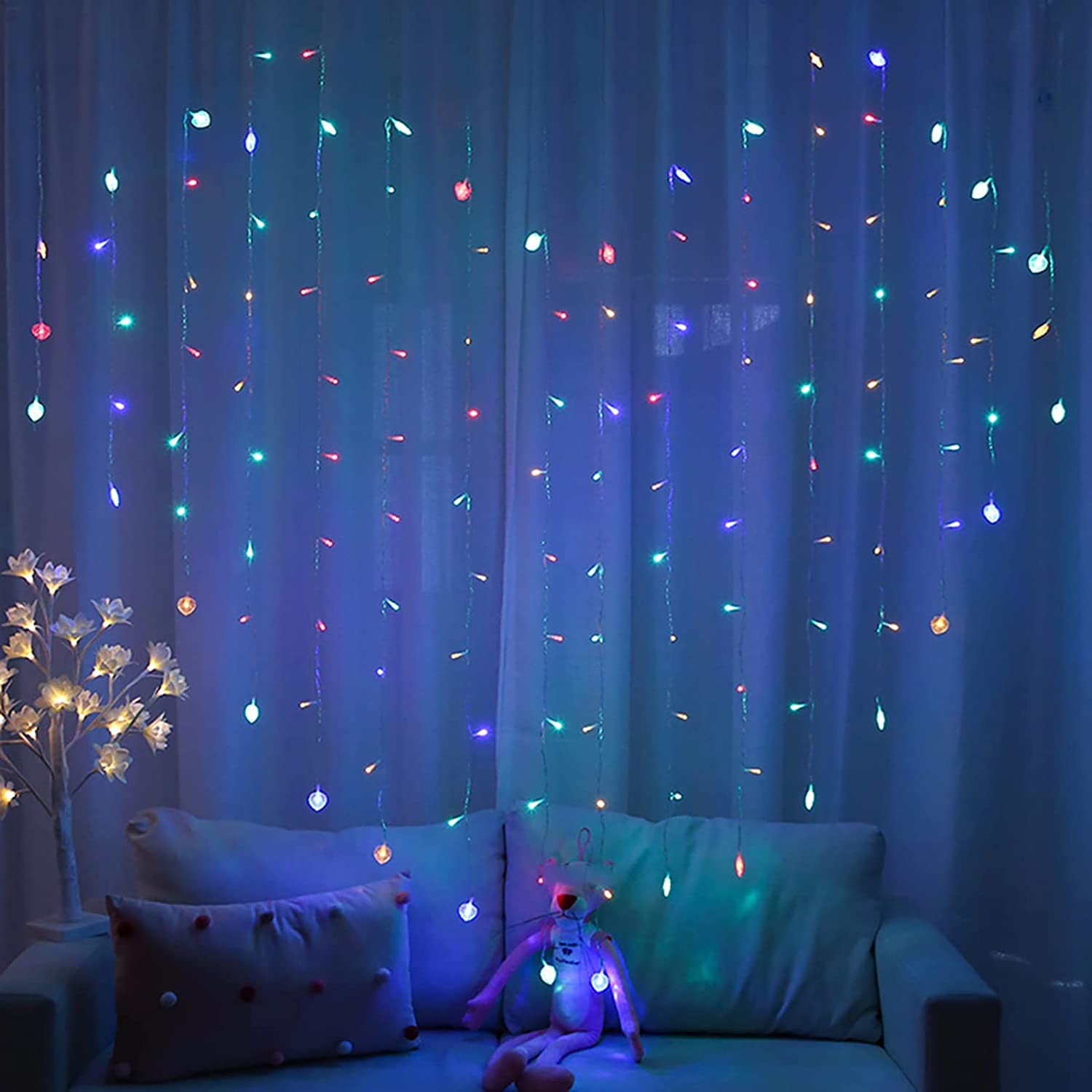 Cascata Luci Da Esterno,124 LED 2M x 1.5M Alimentato a batteria per la decorazione di nozze della camera da letto del partito (3cm, Multicolor)