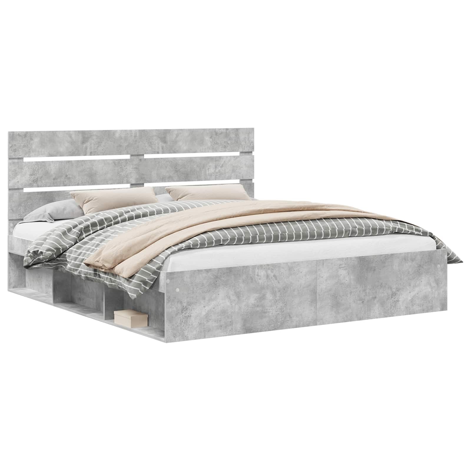 Bettrahmen mit Kopfteil Beton Optik 180x200 cm Holzwerkstoff, Bettgestell 180x200 mit massiver Kiefernholz-Kopfstütze, Stabiler Lattenrost für Moderne Schlafzimmer