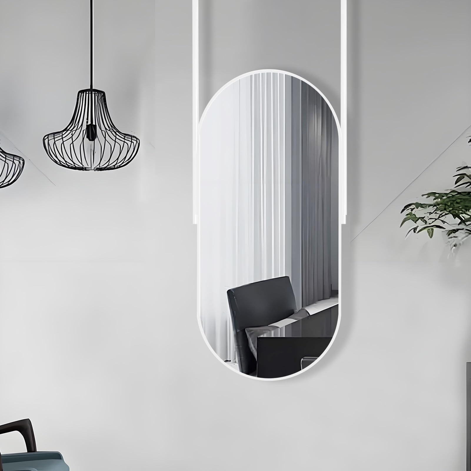 FGXHHS Oval Ceiling Mounted Mirror, White Hanging Rod Mirror(Customizable Boom), Vertical Mount HD for Home or Hotel Bathroom Vanity Makeup Mirror(40cmx70cm)