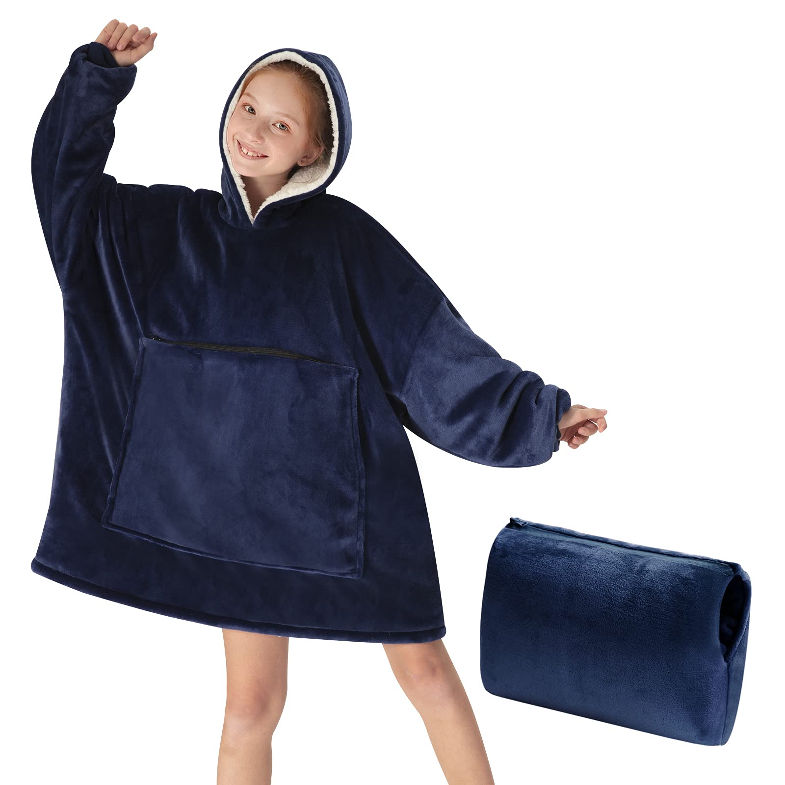 yescool Wearable Blanket Sweatshirt Kids, Oversized Blanket Hoodie with Sherpa for Kids, Youth, Boys, Girls, Portable Warm Travel Pillow, Teen Wearable Blanket