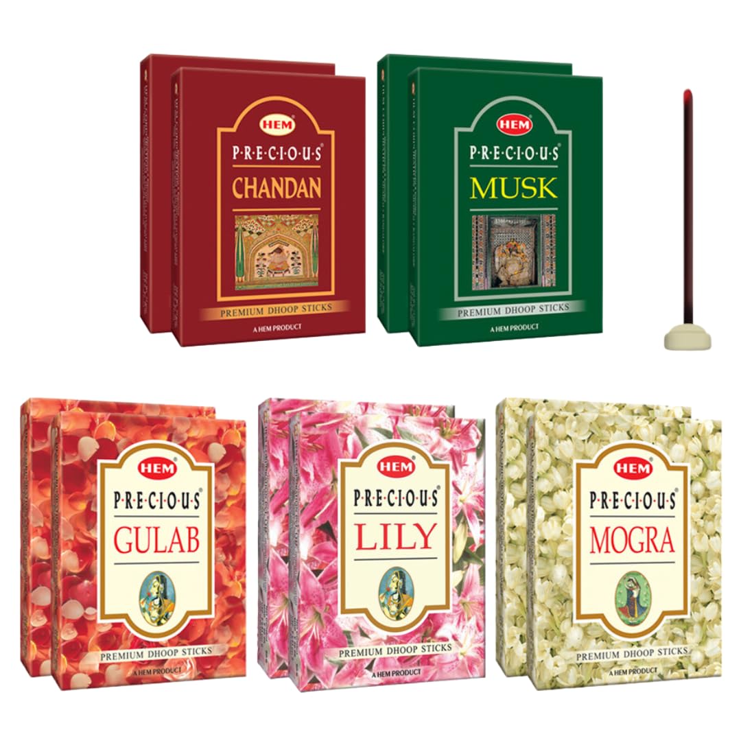HEM Precious 5 Variant Assorted Incense Dhoop Sticks Set of 2 | 5 Packs of 60g Each per Set | Fragrances - Chandan, Gulab, Mogra, Lily & Musk | Pooja Room Items for Home & Prayers | Pack of 5