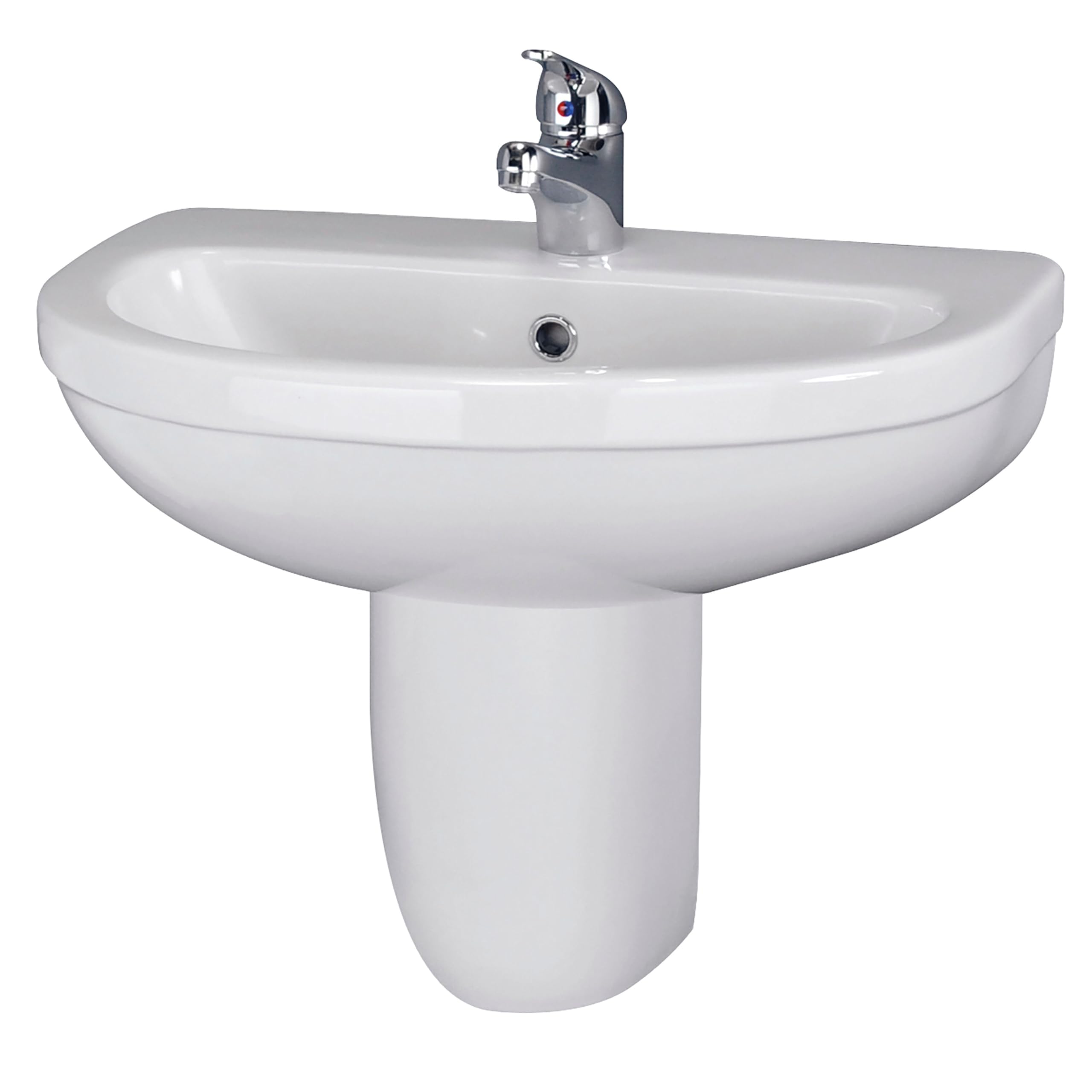 Balterley White 555Mm Bathroom Sink, Semi Pedestal Ceramic Round Bowl Bathroom Wash Basin Sink With Overflow, 1 Tap Hole, Wall Mounted Basin Sinks For Cloakroom - 555 X 445 X 498Mm (White)
