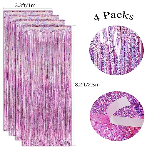 Image of 4 Pack Pink Tinsel Party Backdrop 12.8x8.2 Feet Glitter Metallic Tinsel Foil Fringe Curtain, Pink Backdrop Curtain Door Streamers for Birthday Bachelorette Graduation Christmas Party Decorations