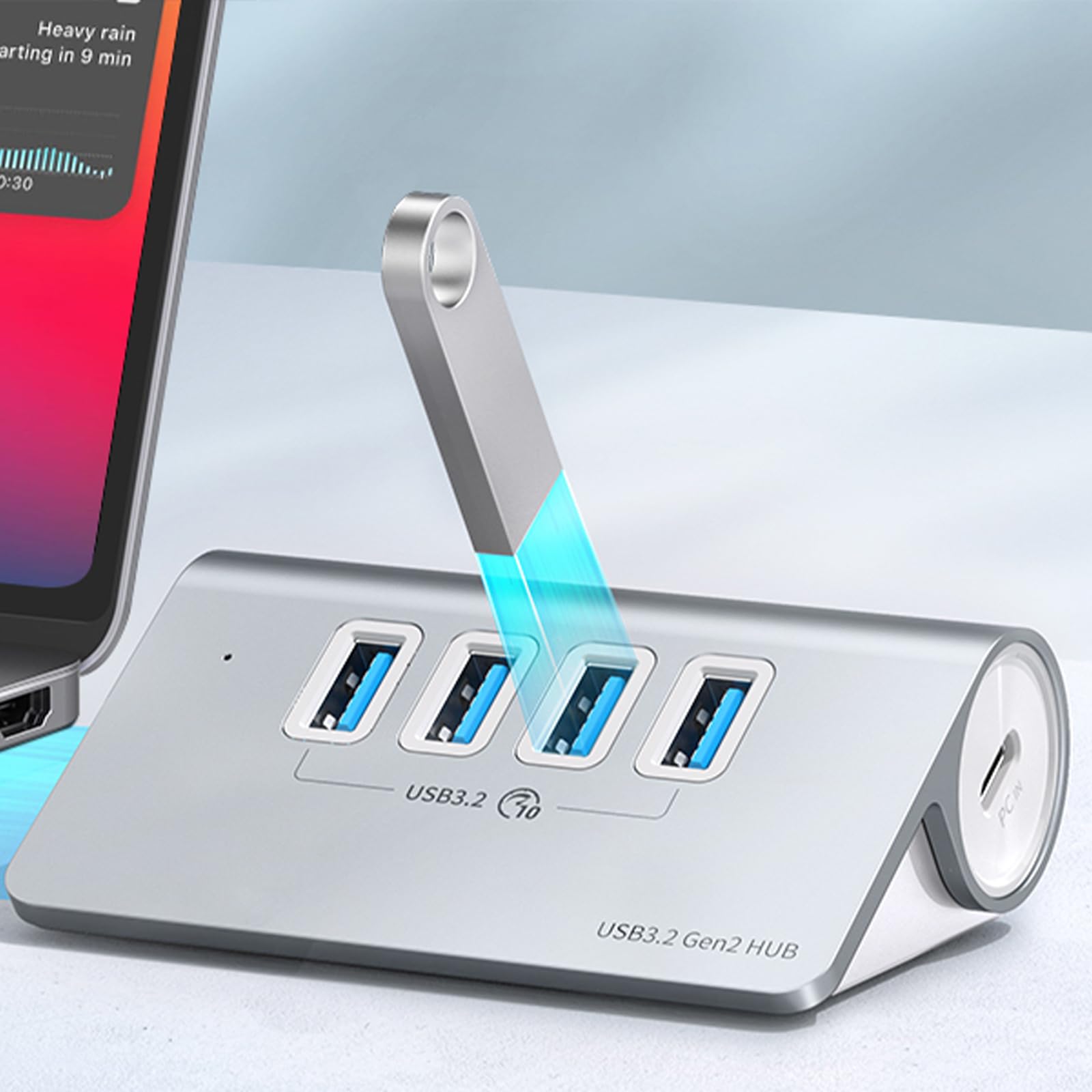 Hub USB 3.2 a 4 porte in alluminio, velocità di trasferimento rapida di 10 Gbps, alimentazione stabile per tutti i dispositivi e accessori per laptop hub