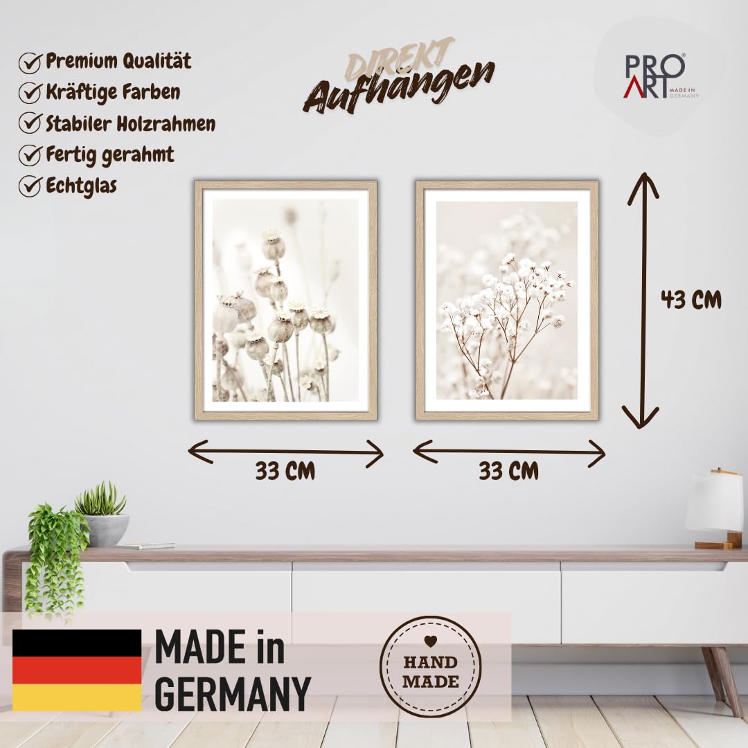 Pro-Art Gerahmte Wandbilder 2er Set 33x43 cm – Zarte Trockenblumen & Mohnkapseln Beige Boho Wanddeko Holzrahmen mit Glasscheibe Wohnzimmer Bilder mit Rahmen – Made in Germany