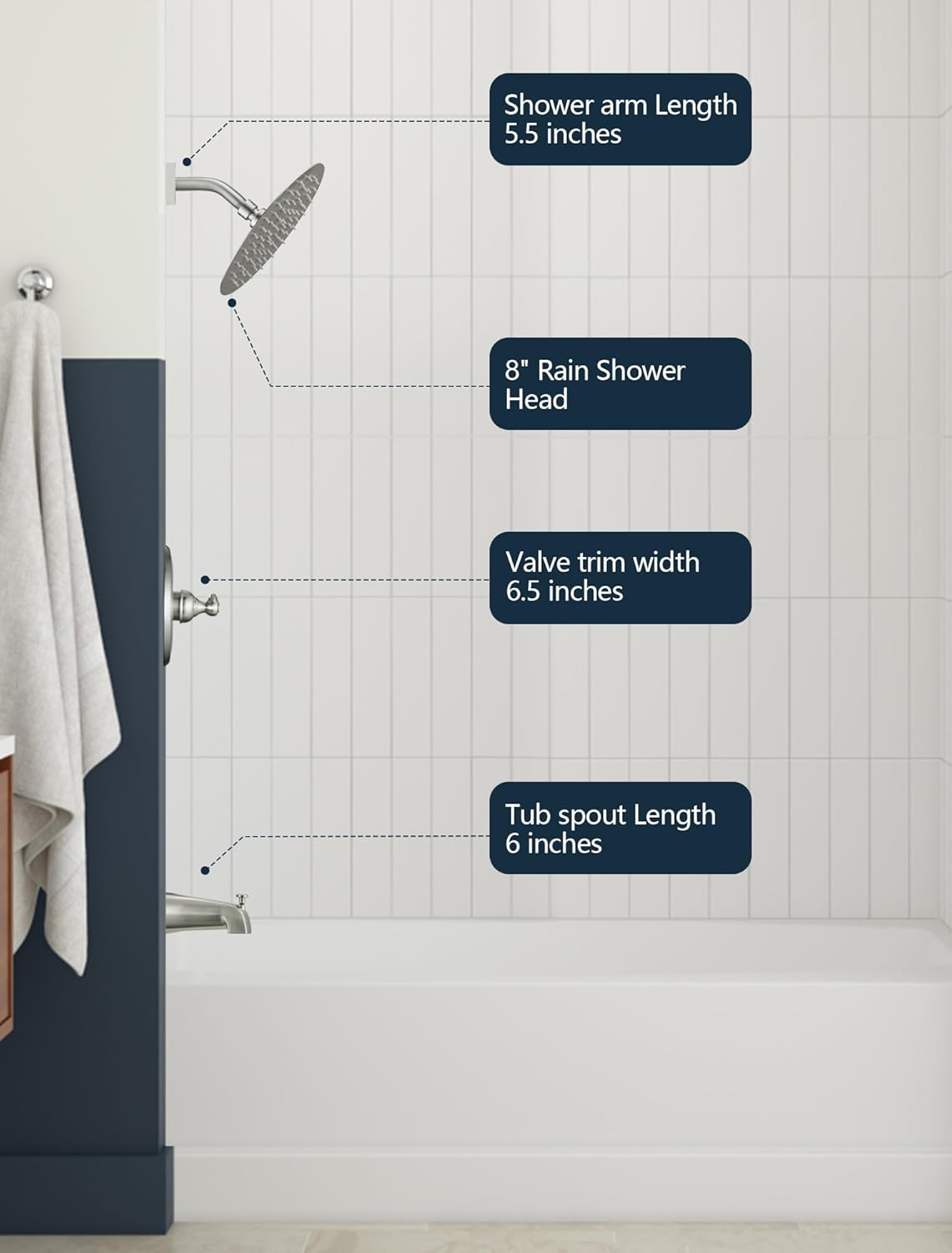 Replacement 8" Rainfall Shower Faucet Tub Trim Kit for Delta 13/14 Series, High-Pressure Rain Shower Head System with Tub Spout, Brushed Nickel (Valve Not Included)