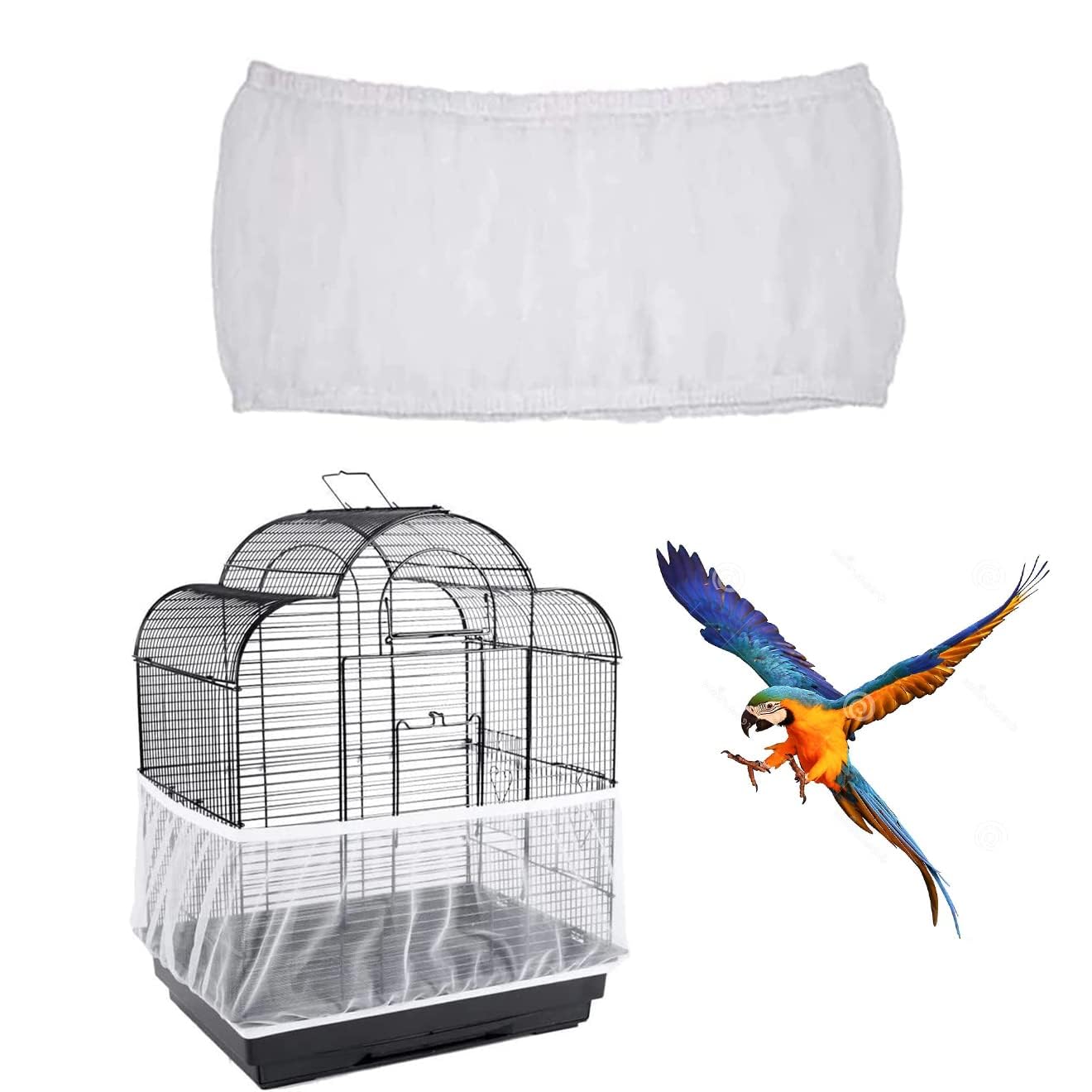 Bird Cage Cover, Breathable Nylon Mesh Seed Catcher Guard, Adjustable Elastic Skirt for Parrot, Budgie, Cockatiel, Prevents Mess, Fits Cage Circumference 55"-87" (140-220cm)