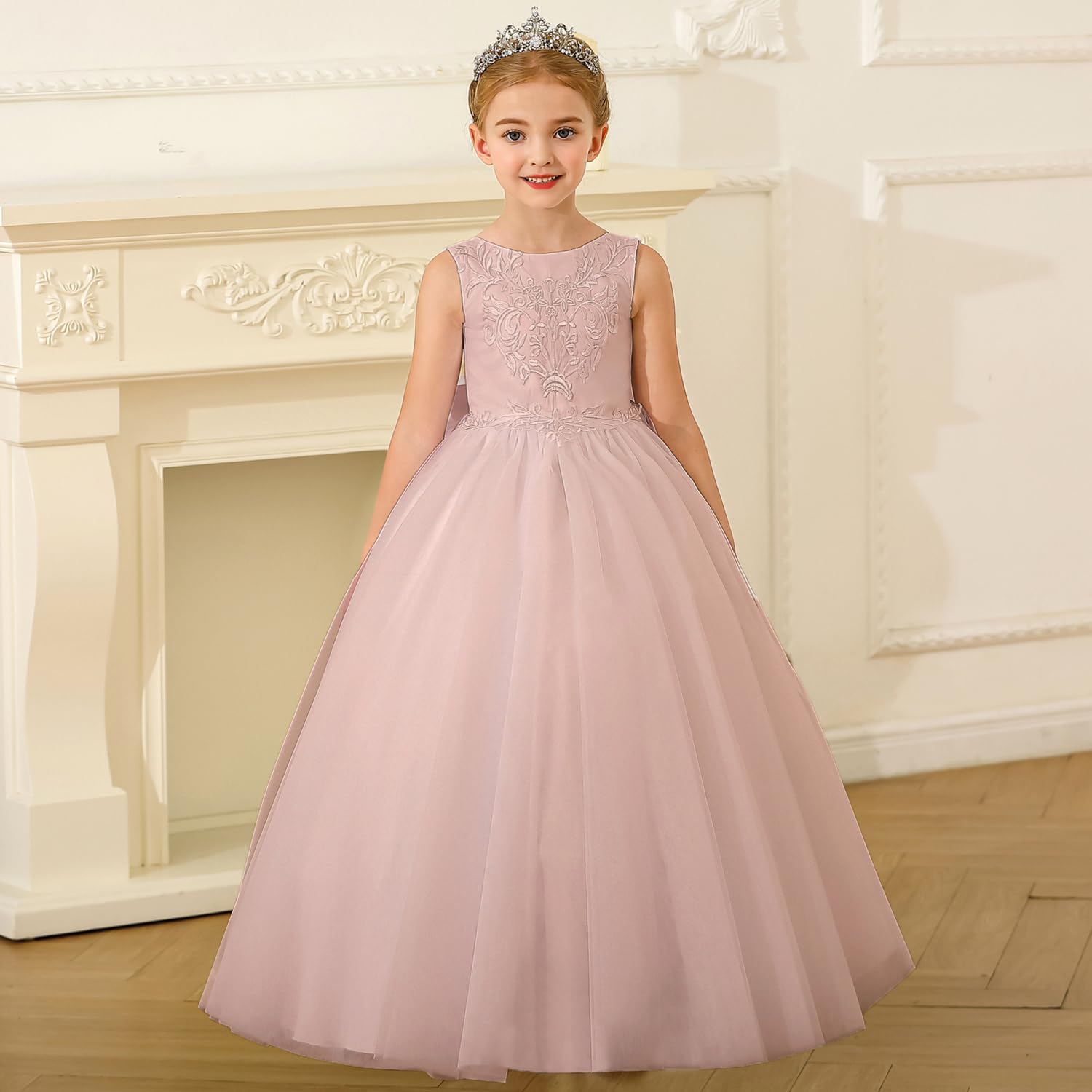 PLWEDDING Robe élégante en dentelle brodée pour fille florale pour mariage, enfant, dos en V, robe de bal avec nœud