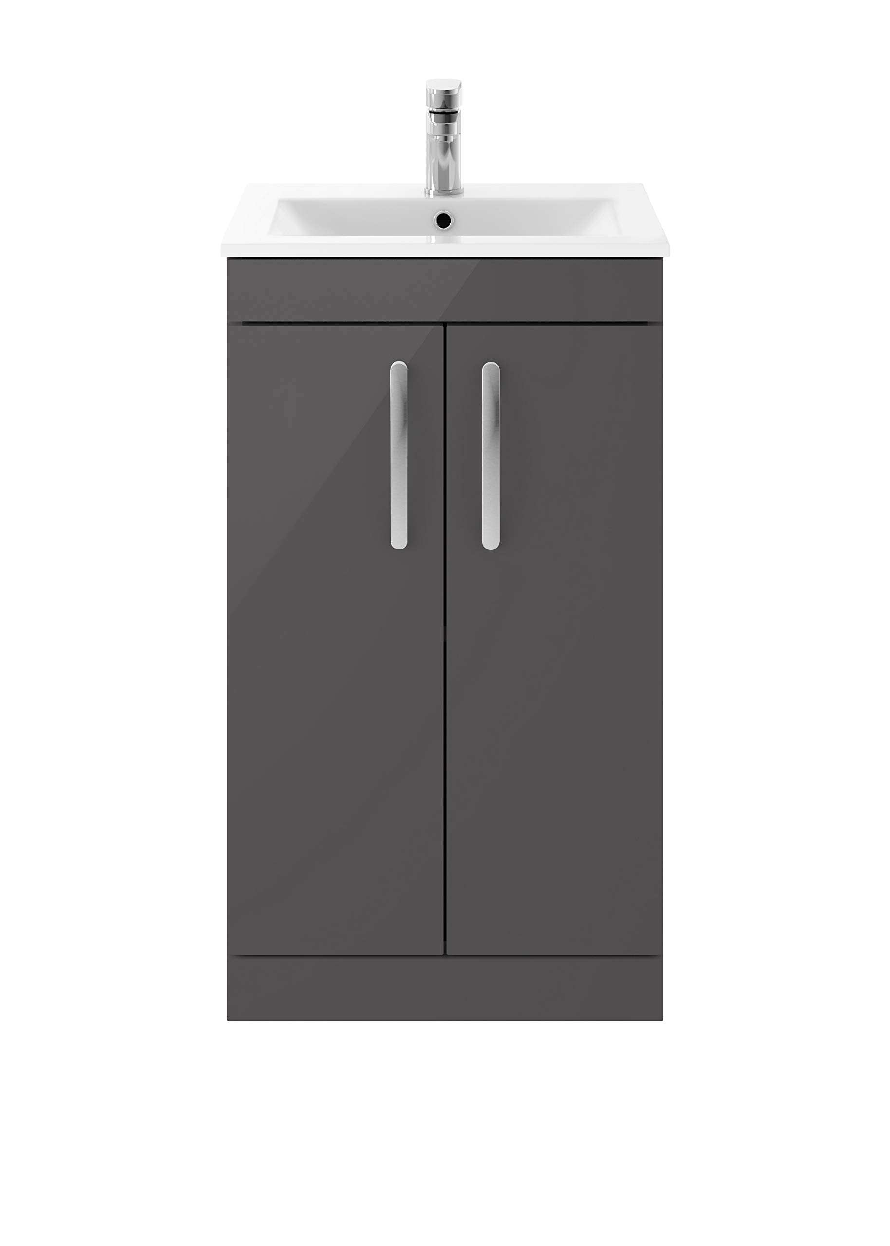 Nuie ATH072B Athena Modern Floor Standing Bathroom Vanity Sink Unit with Soft Close Doors and Slimline Basin, 500mm, Gloss Grey