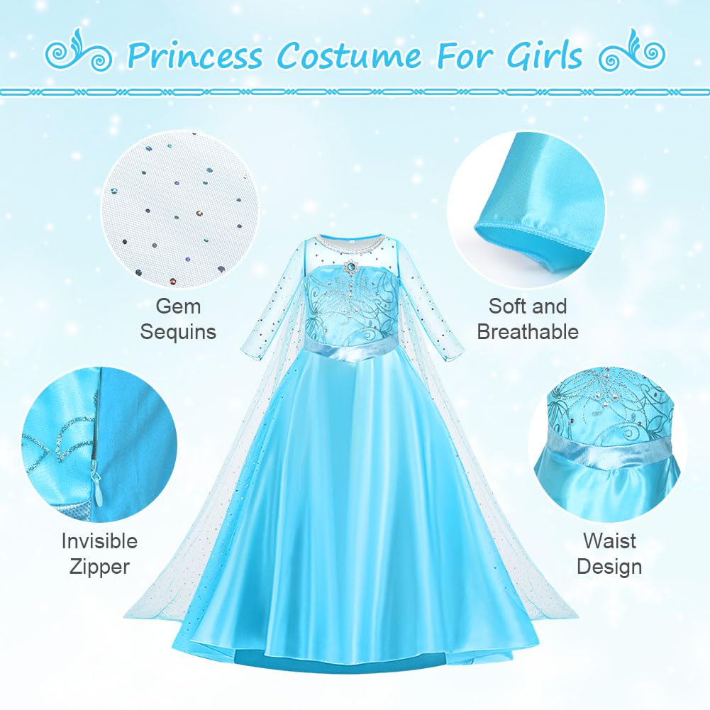 AOOWU Costume Principessa Bambina, Vestito da Principessa da Ragazza con Accessori, Set da Principesse Blu Vestiti per Halloween, Carnevale, Cosplay, Festa, Ideal Regali per Ragazze