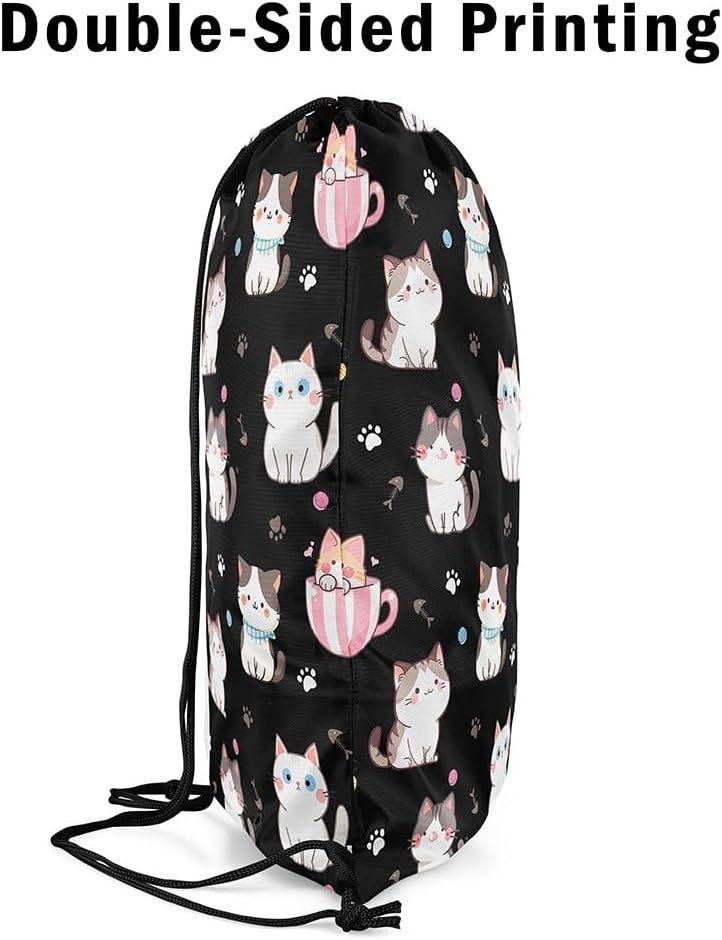 Feelyou Cat Sports Drawstring Sackpack Cats Print Drawstring Backpack Cute Cartoon Design Gym String Bag Decor Cute Kitten Drawstring Bags Animal, Black image 4