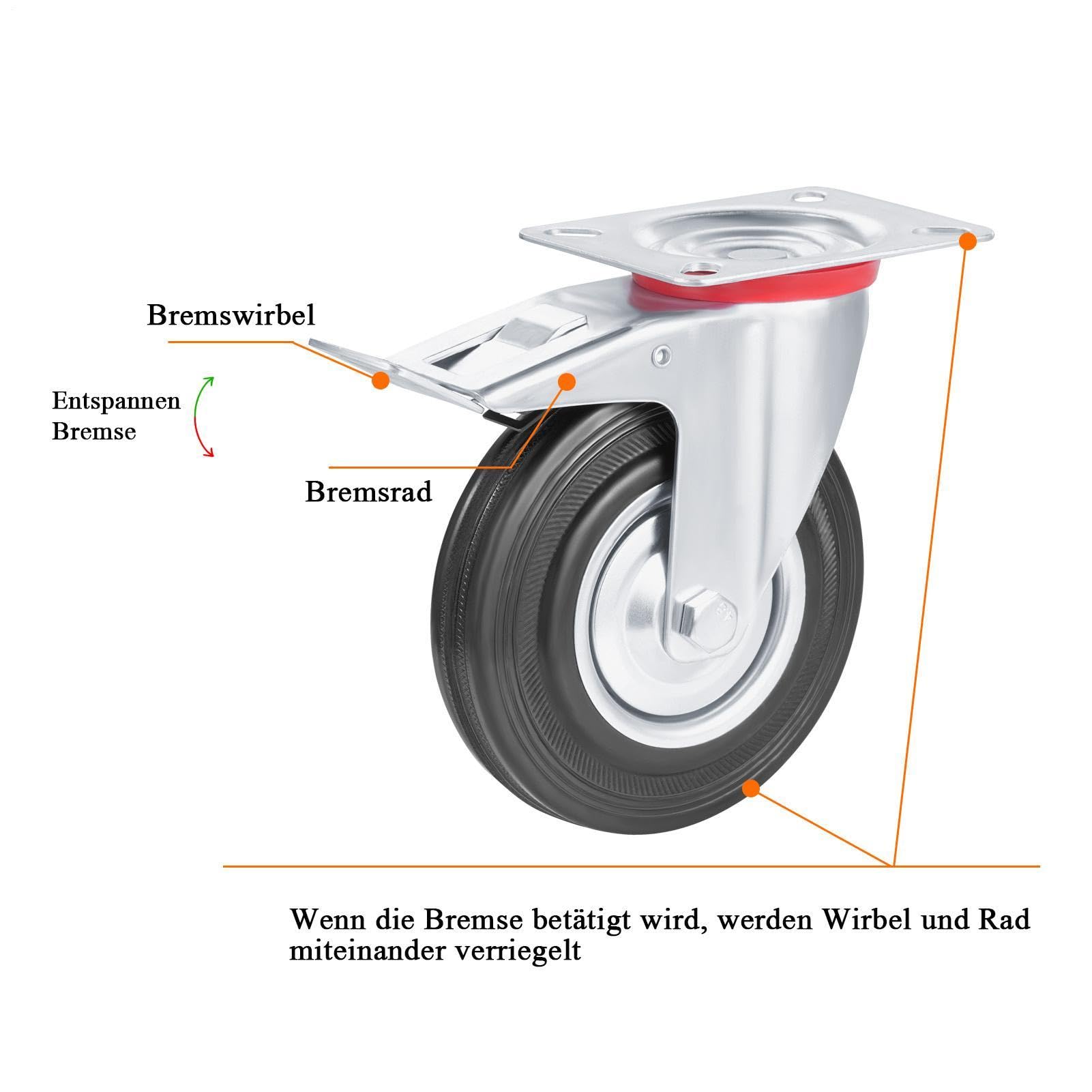 4er Set Schwerlastrollen Mit 2 Bremse, Transportrollen 75/100/125mm | Rollen Schwerlast Tragkraft 180/240/320kg, Lenkrollen Aus Vollgummi Und Lautlose, Schwerlast Möbelrollen Für Innen Und Außen