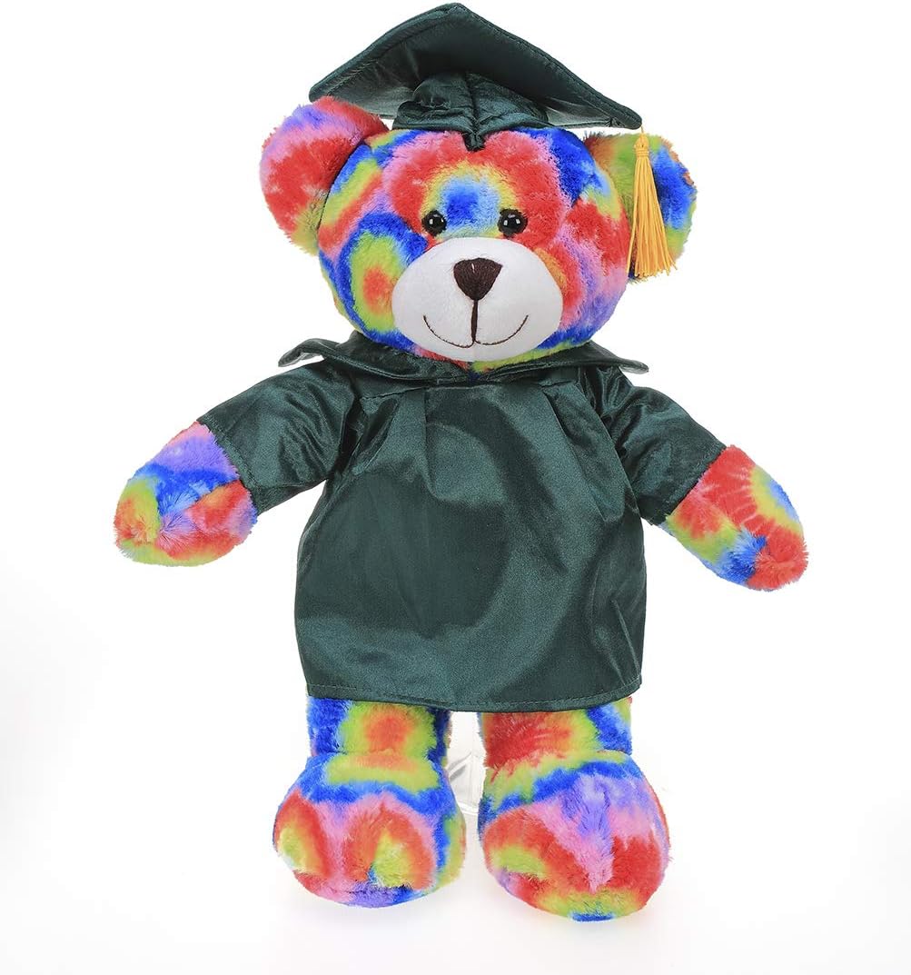 Plushland Tie Dye Bear Plush Stuffed Animal Toys Present for Graduation Day, Personalized Text, Name or Your School Logo on Gown, Best for Any Grad School Kids 12 Inches(Forest Green Cap and Gown)