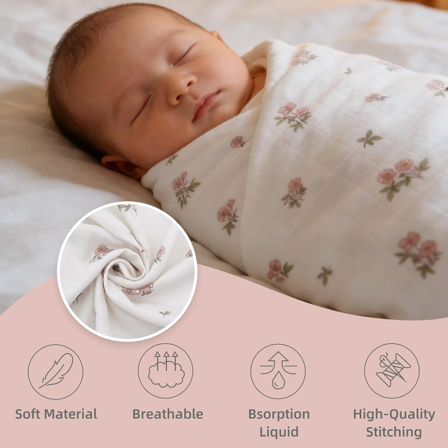 LifeTree Baby Swaddle Blankets, Boys Girls Muslin Swaddling Wrap Receiving Blanket for Newborn, 70% Viscose from Bamboo and 30% Cotton, Large 47" x 47", Pink Floral and Stripe